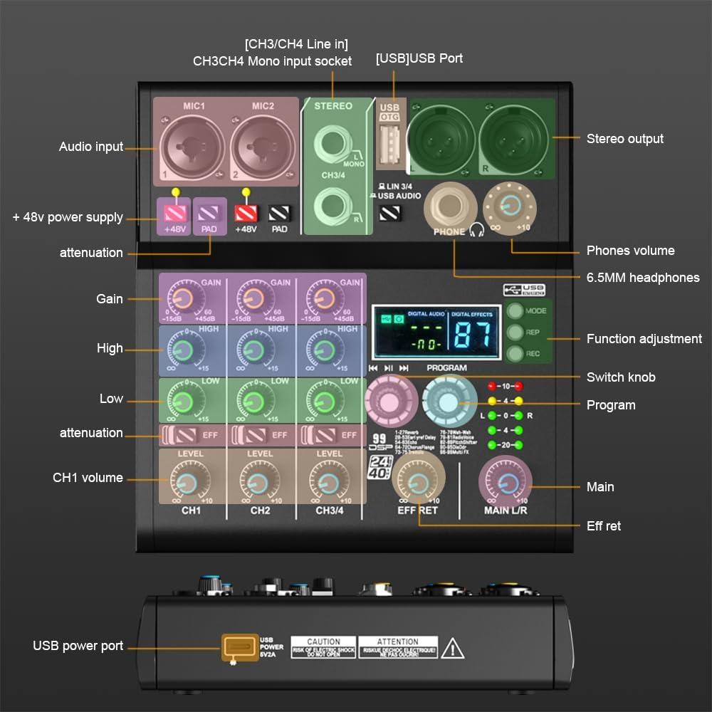 Mezclador DJ Profesional 4 Canales Doslnlya XR-4 Bluetooth USB