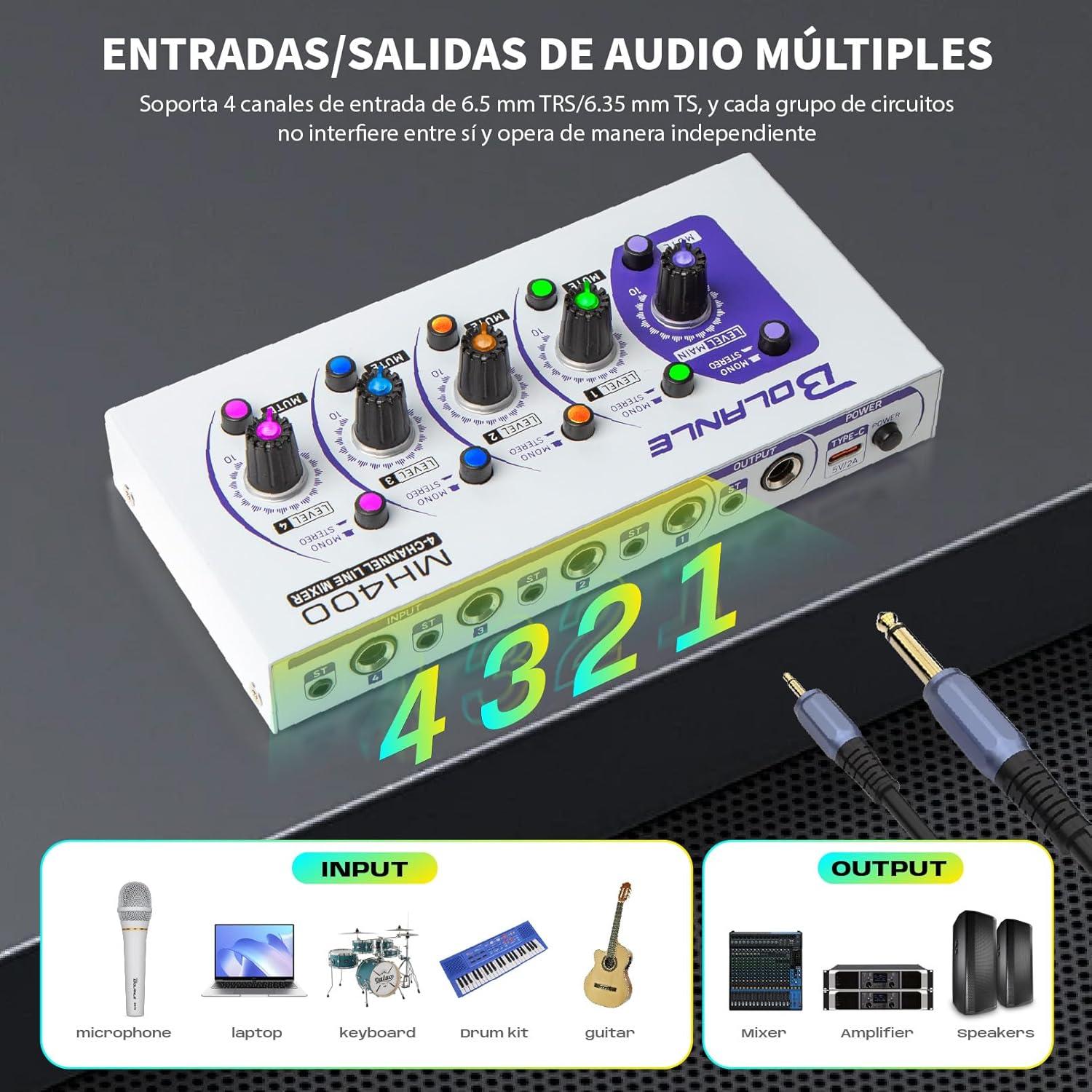 Mini Mezclador de Audio Bolanle MH400, 4 Canales, Bajo Ruido