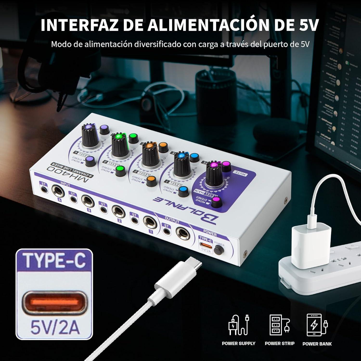 Mini Mezclador de Audio Bolanle MH400, 4 Canales, Bajo Ruido