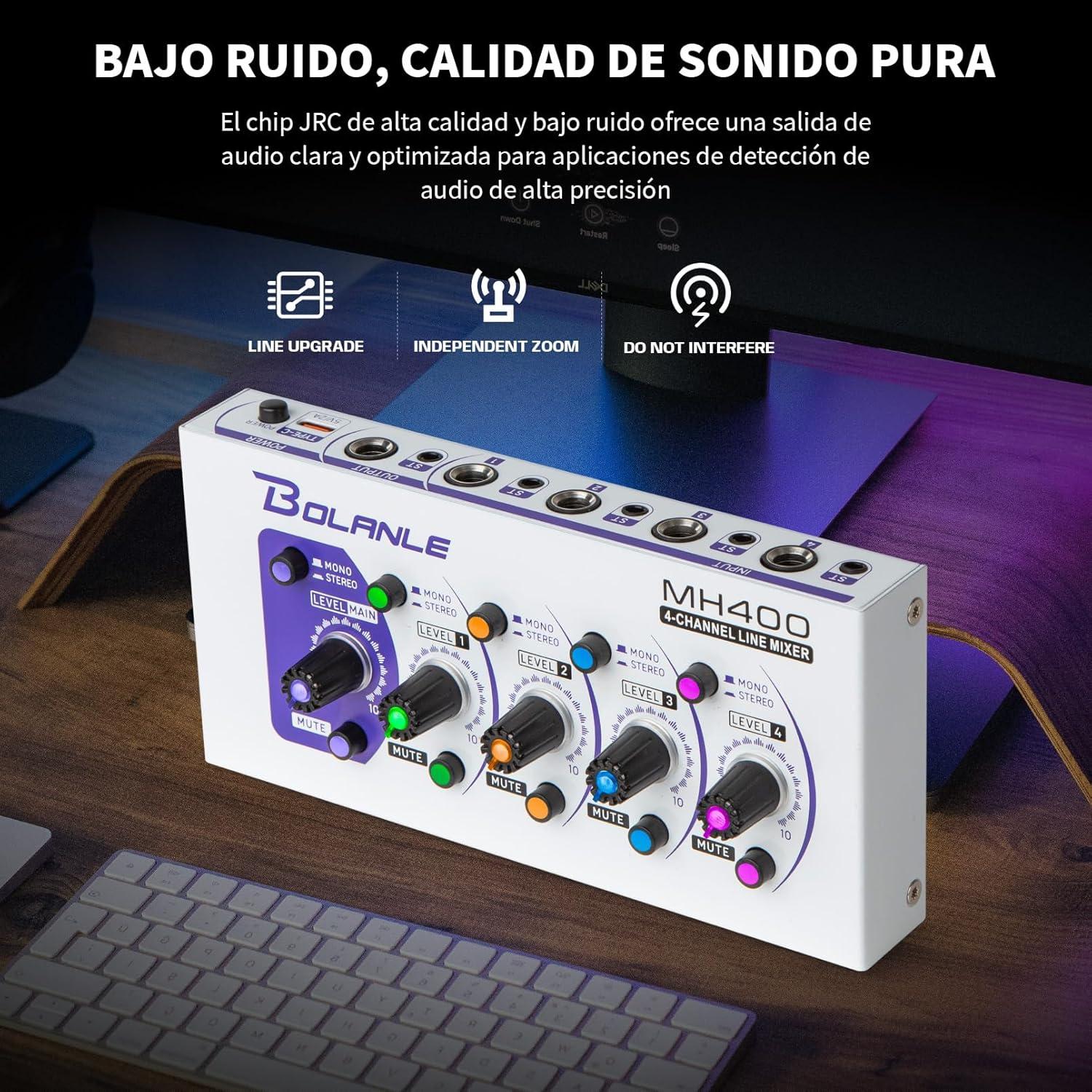 Mini Mezclador de Audio Bolanle MH400, 4 Canales, Bajo Ruido