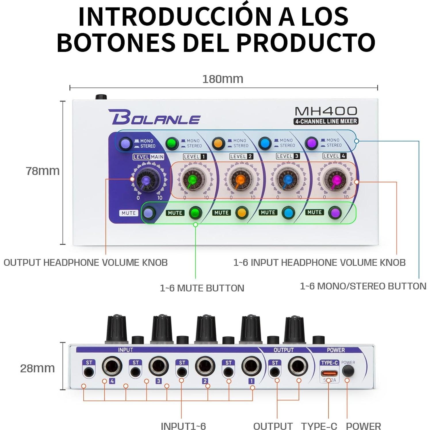 Mini Mezclador de Audio Bolanle MH400, 4 Canales, Bajo Ruido