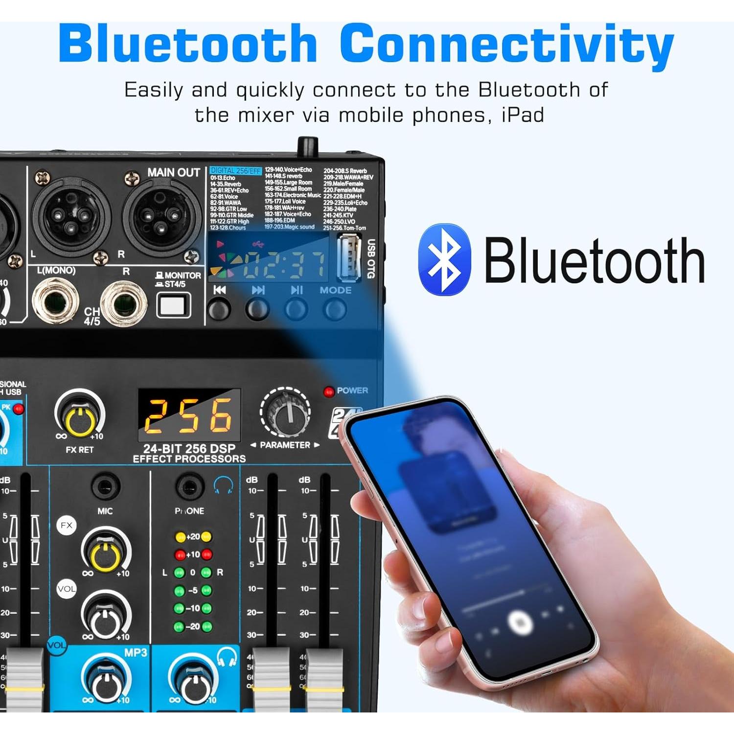 Mezclador de Audio Profesional Depusheng 5 Canales USB Bluetooth