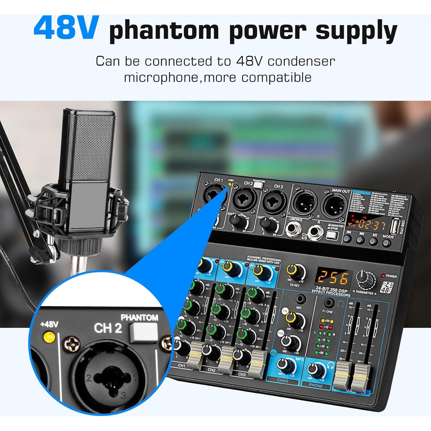 Mezclador de Audio Profesional Depusheng 5 Canales USB Bluetooth