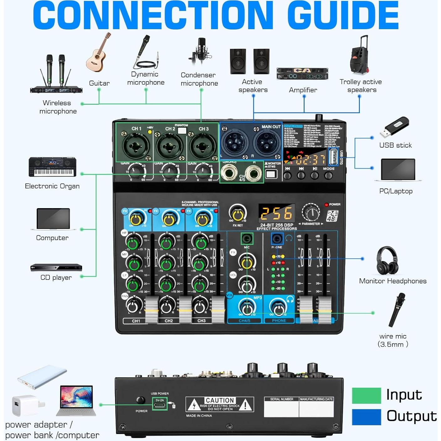 Mezclador de Audio Profesional Depusheng 5 Canales USB Bluetooth