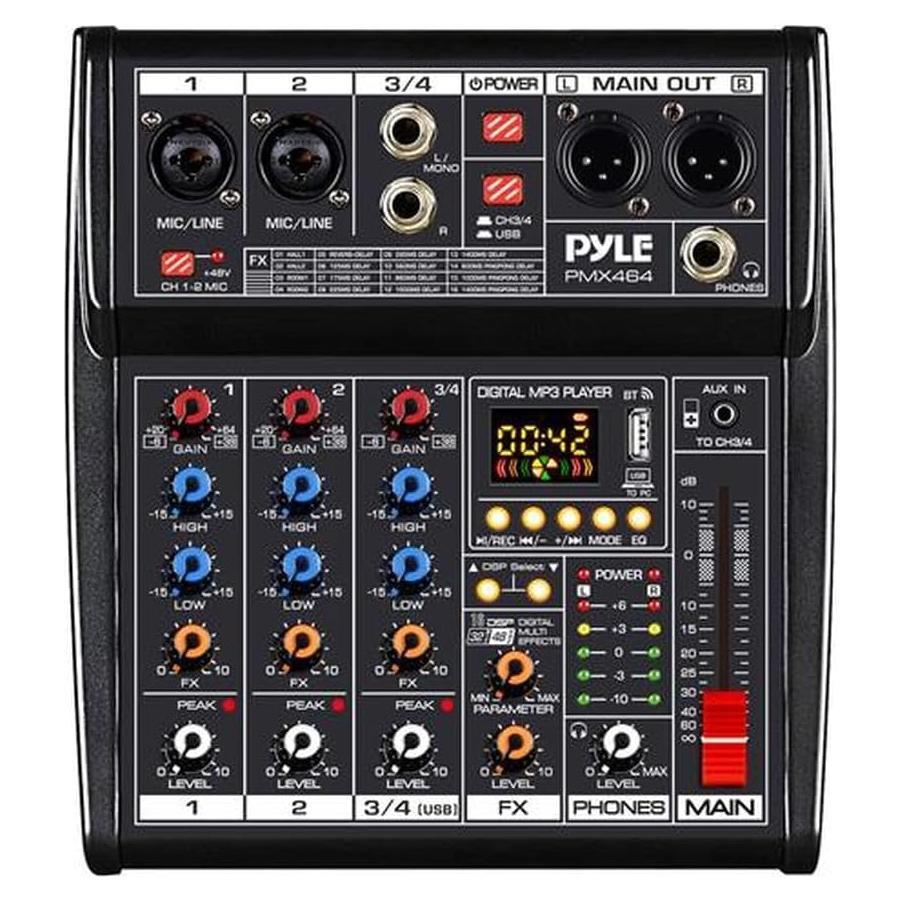 Controlador de Mezclador de Audio Pyle PMX464 - 4 Canales, 16 Efectos, USB