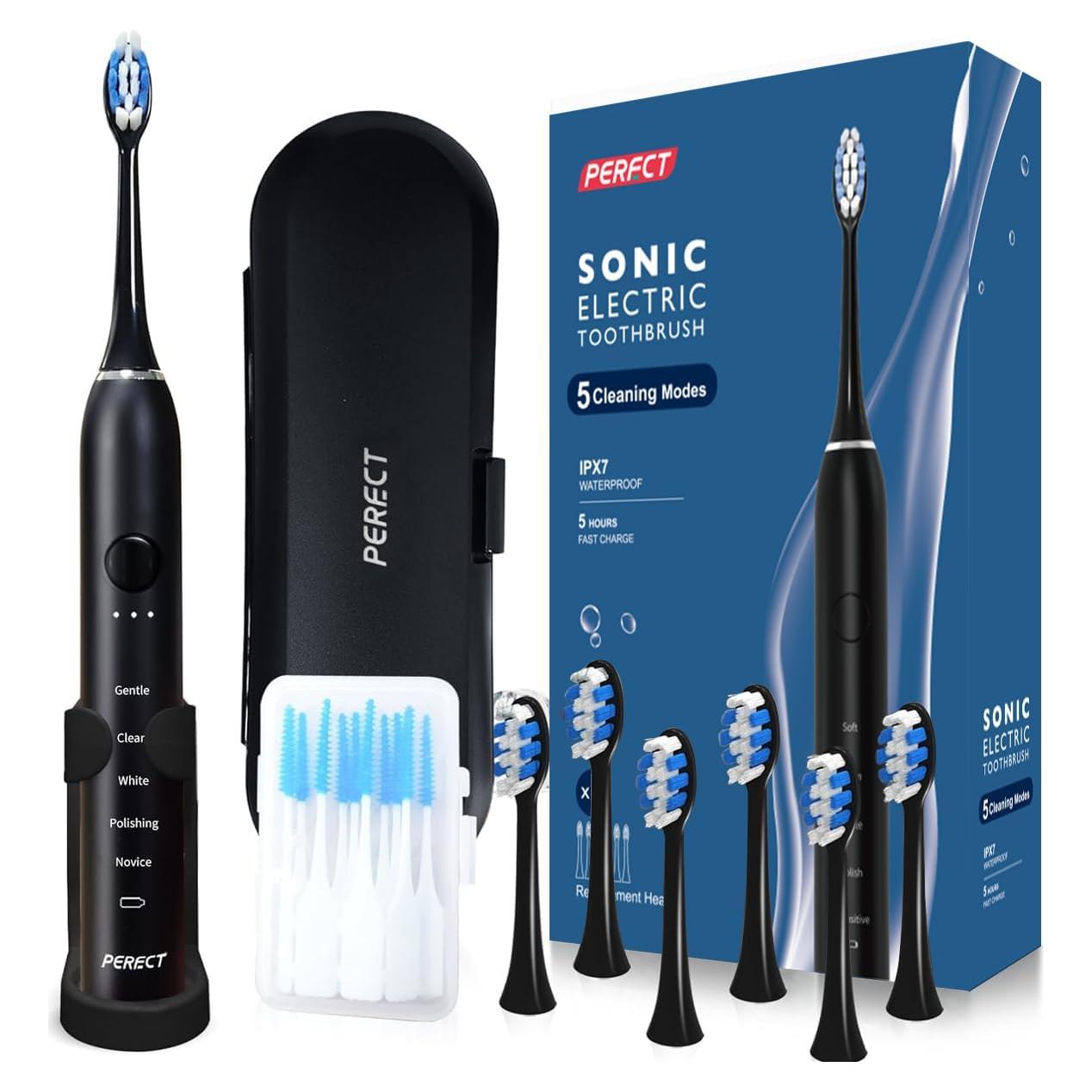Cepillo de Dientes Eléctrico PERECT Negro, 6 Cabezas, 5 Modos