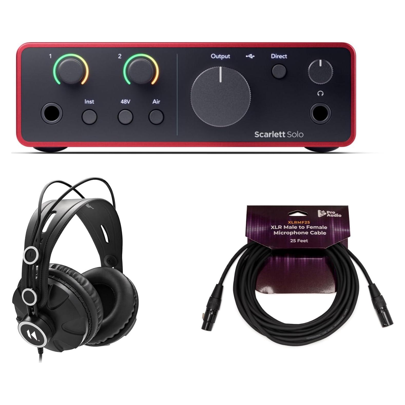 Interfaz de Audio USB Focusrite Scarlett Solo 4ta Gen + Auriculares + Cable XLR 7.62m