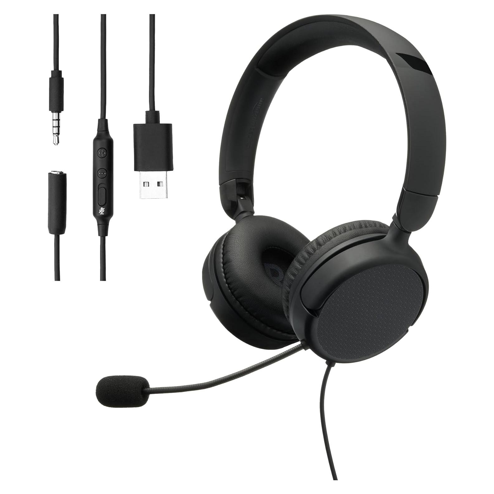 Auriculares con cable Amazon Basics con micrófono y control USB