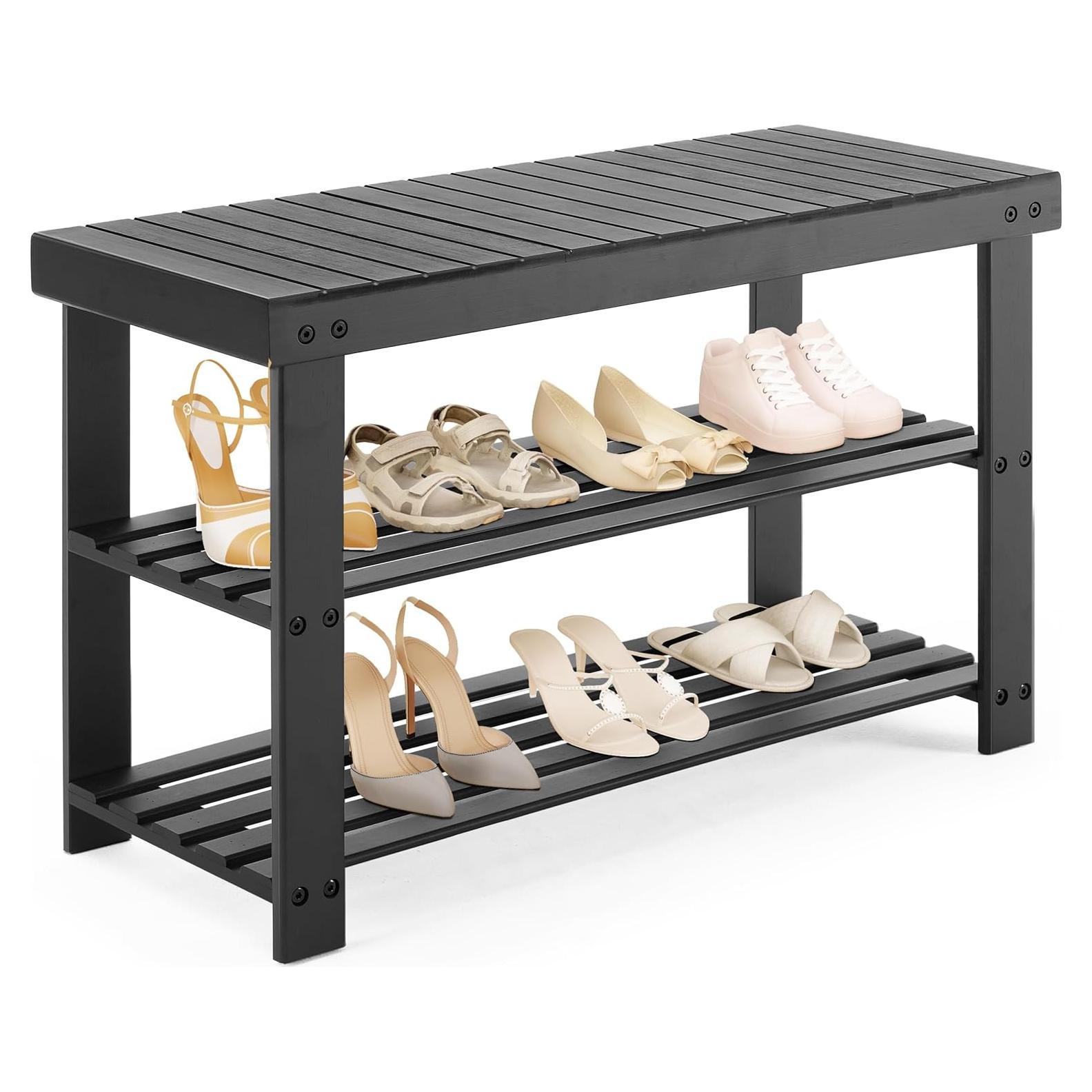 Banco de Zapatos DUMOS de Bambú Negro, Organizador 3 Niveles