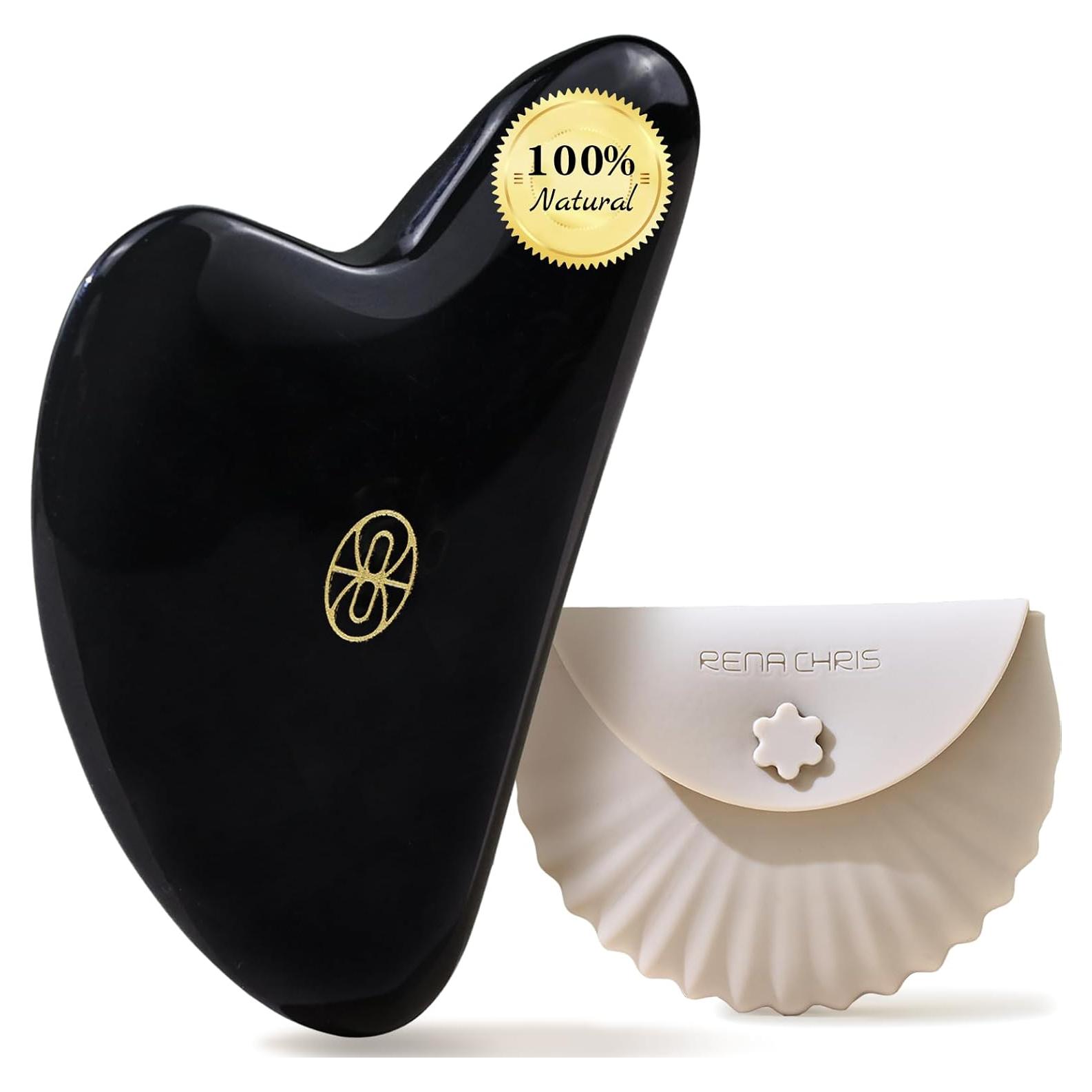 Herramienta Gua Sha Facial Rena Chris Obsidiana Negra 8.2cm