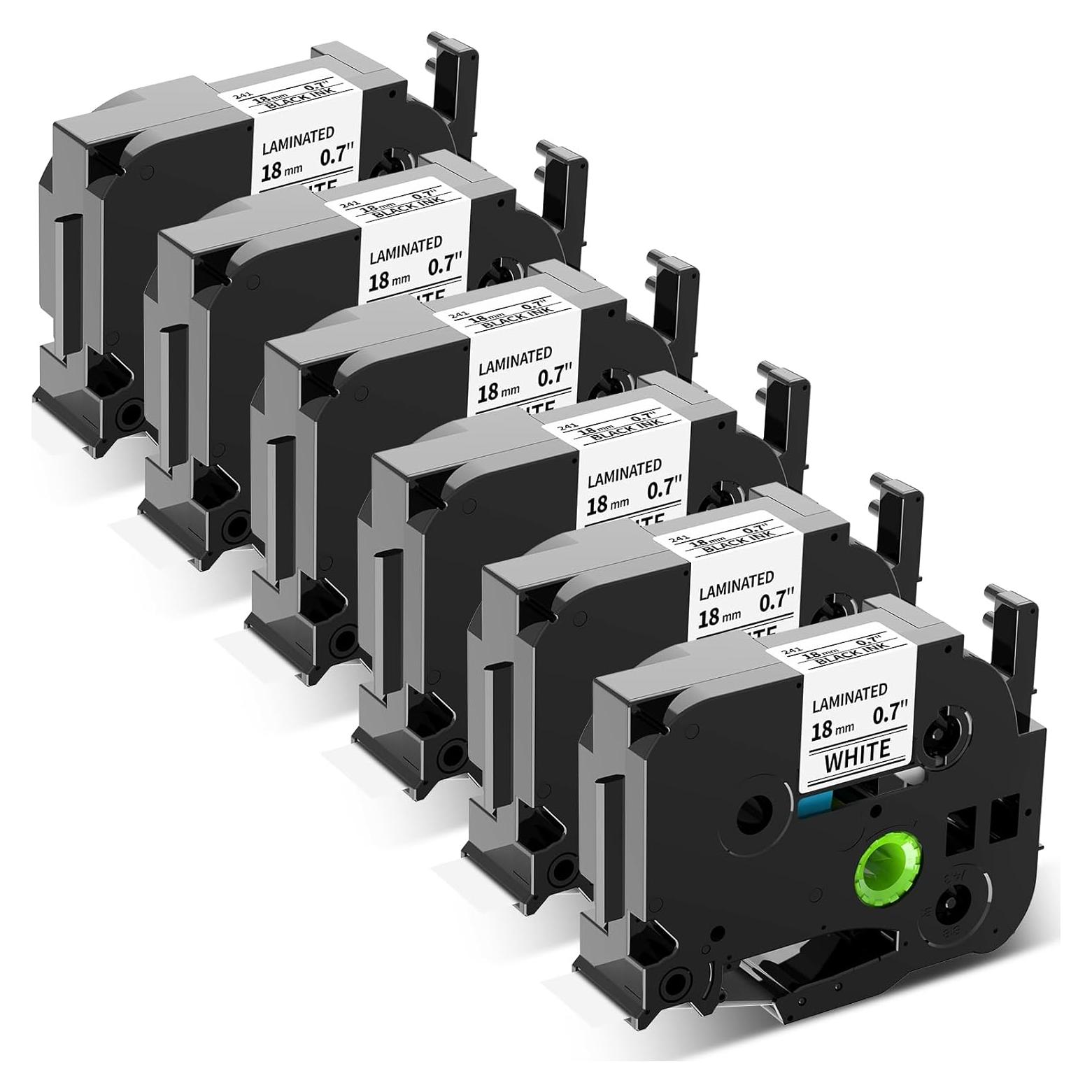 Paquete de 6 Cintas de Etiquetas Anycolor TZe-241 18mm Negro sobre Blanco