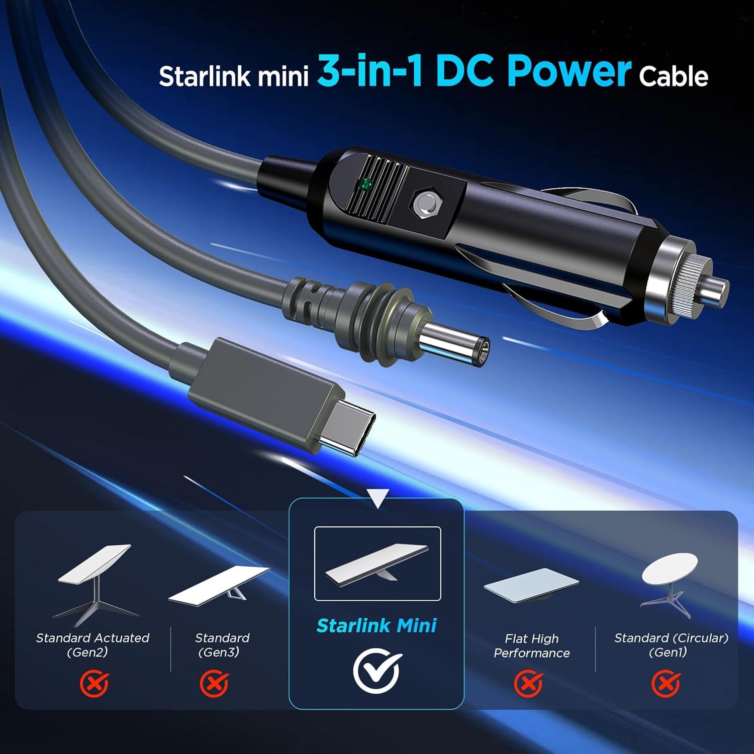 Cable Mini Starlink 3 en 1 Hugener 3M USB C y DC Impermeable