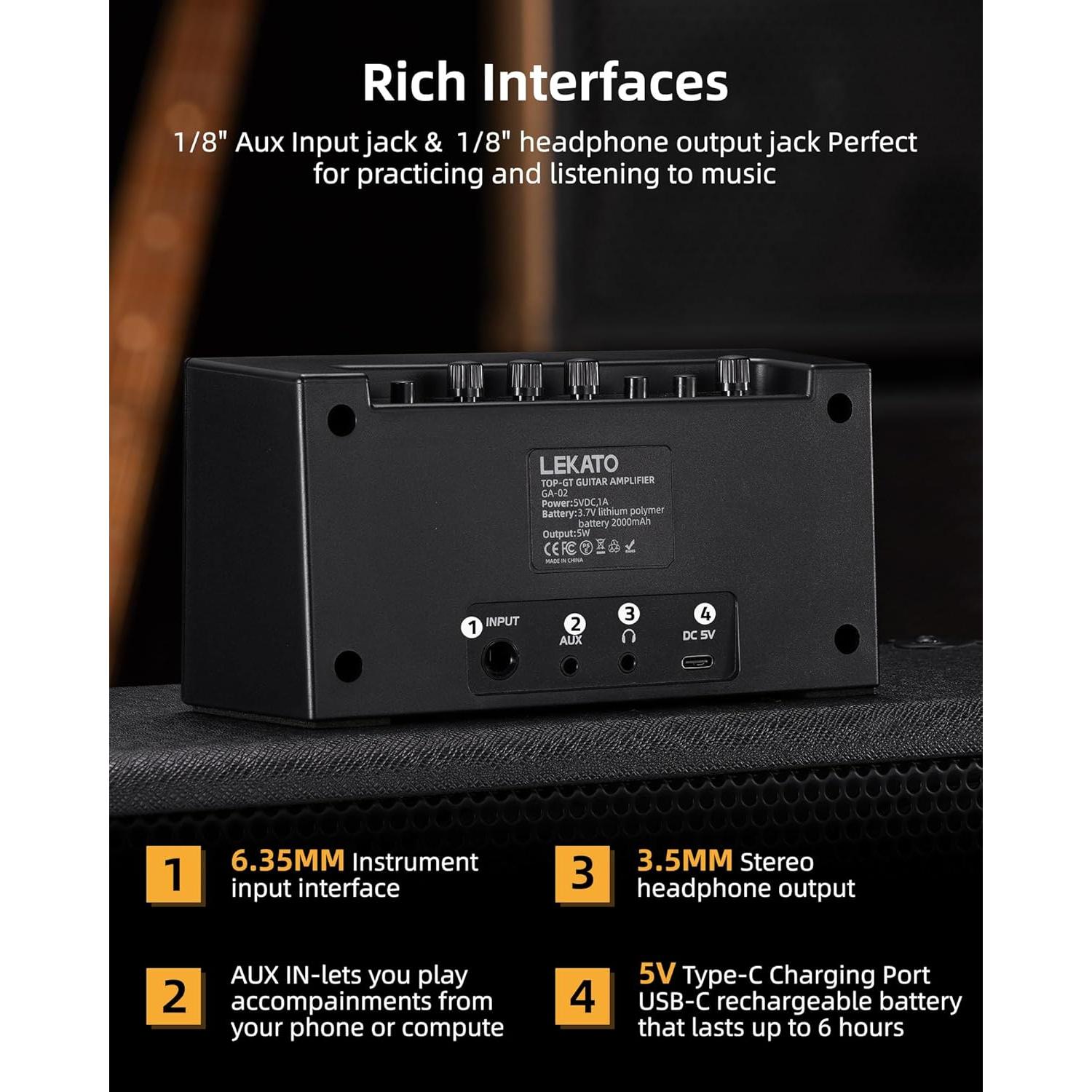 Amplificador de guitarra LEKATO GA-02 5W Bluetooth recargable