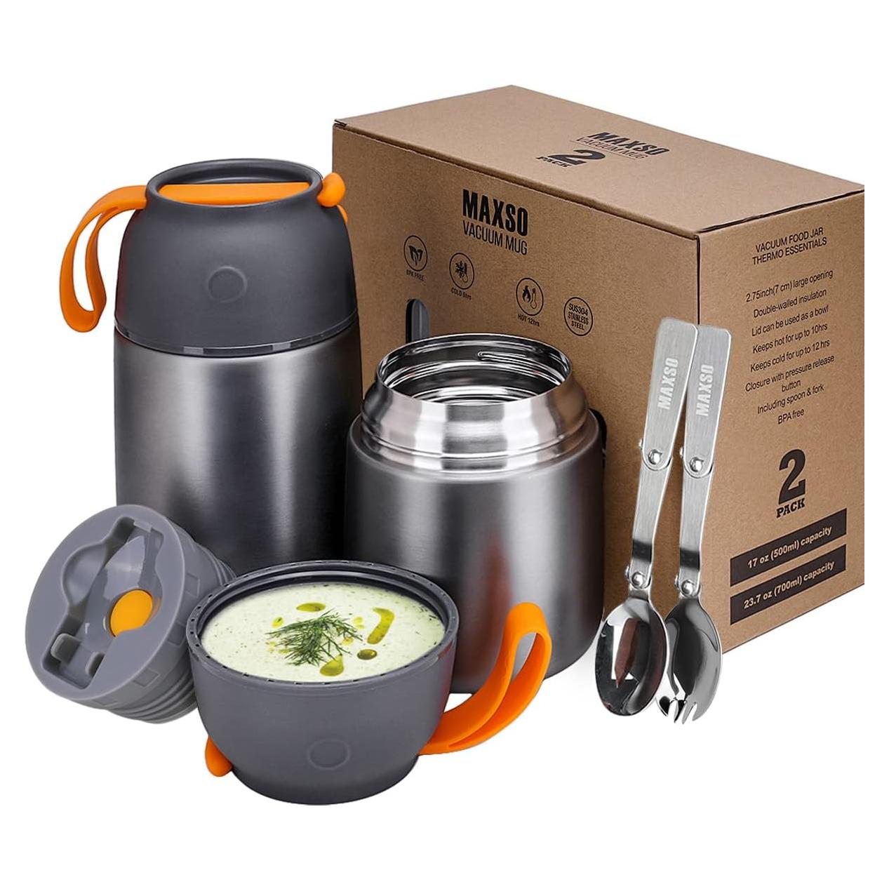 MAXSO 2 Tarros de Comida Termo Aislados 0.68L y 0.48L Gris