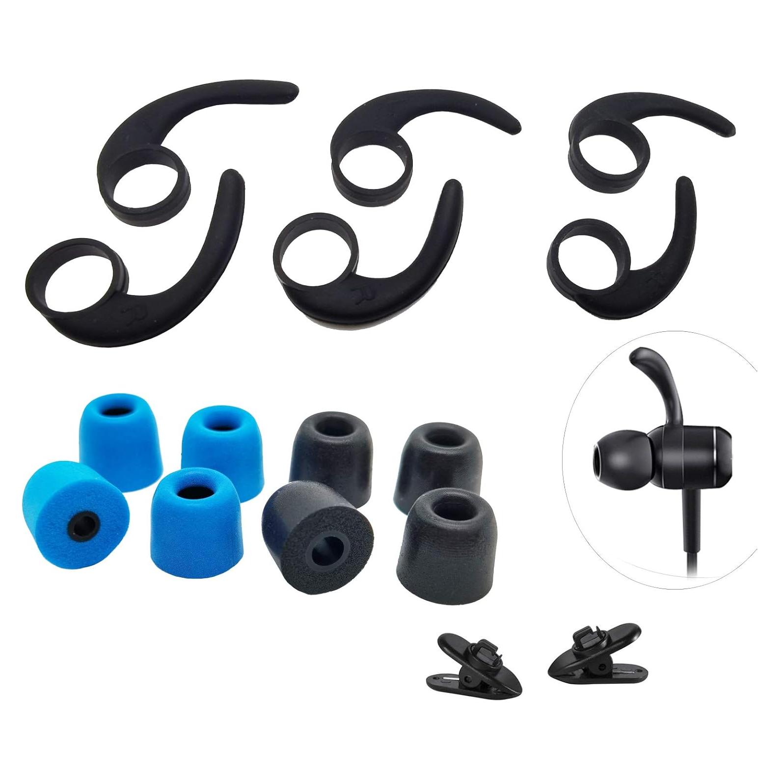 Premium Memory Foam Earbuds Tips Replacement - 4 Pairs (M), 3 Pairs (LMS) Wing Tips Silicone Earphone Stabilizer Rubber Ear Hooks - 2 Pcs Cord Clips