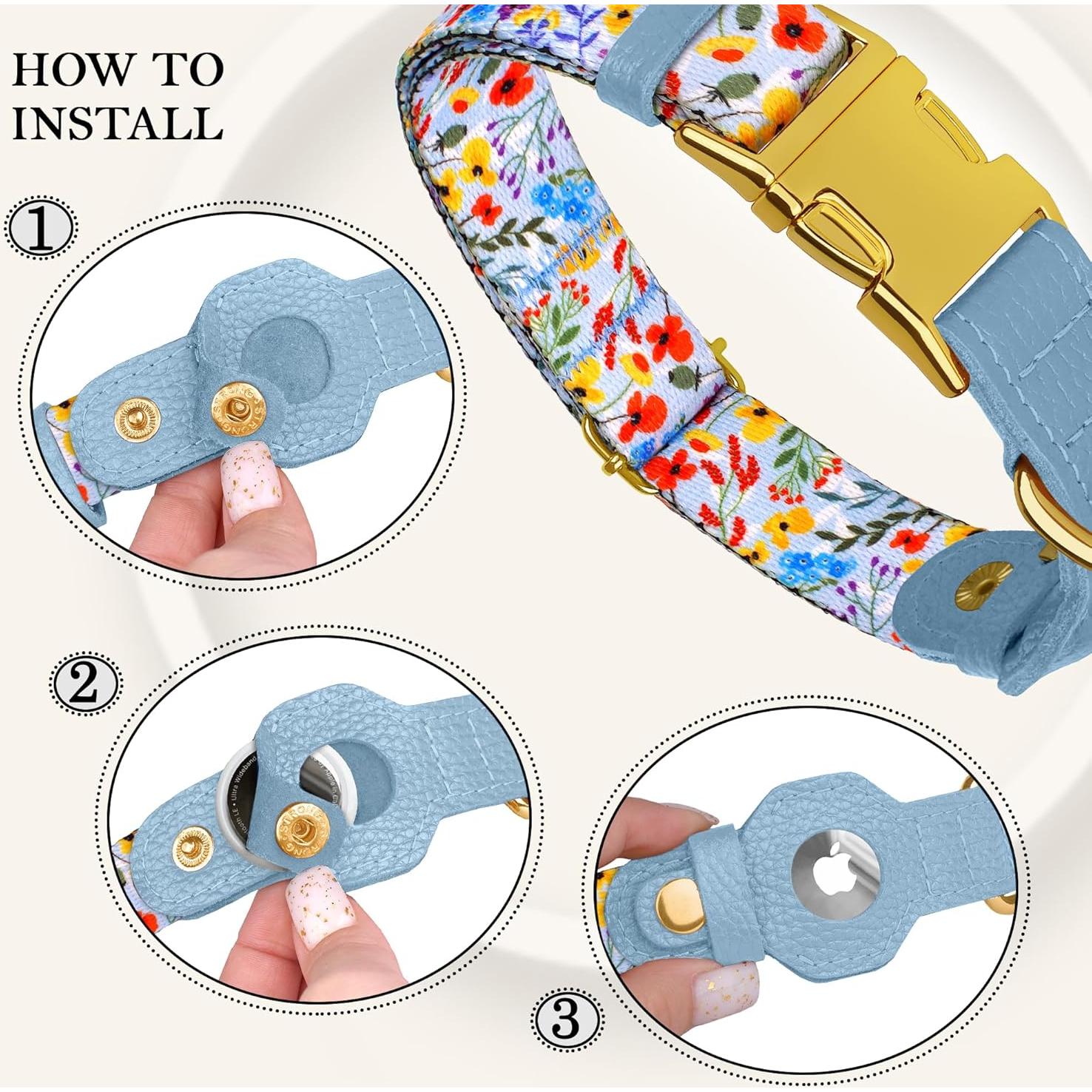 Collar para Perros Budkas AirTag Ajustable Cuero Floral 23-31 cm