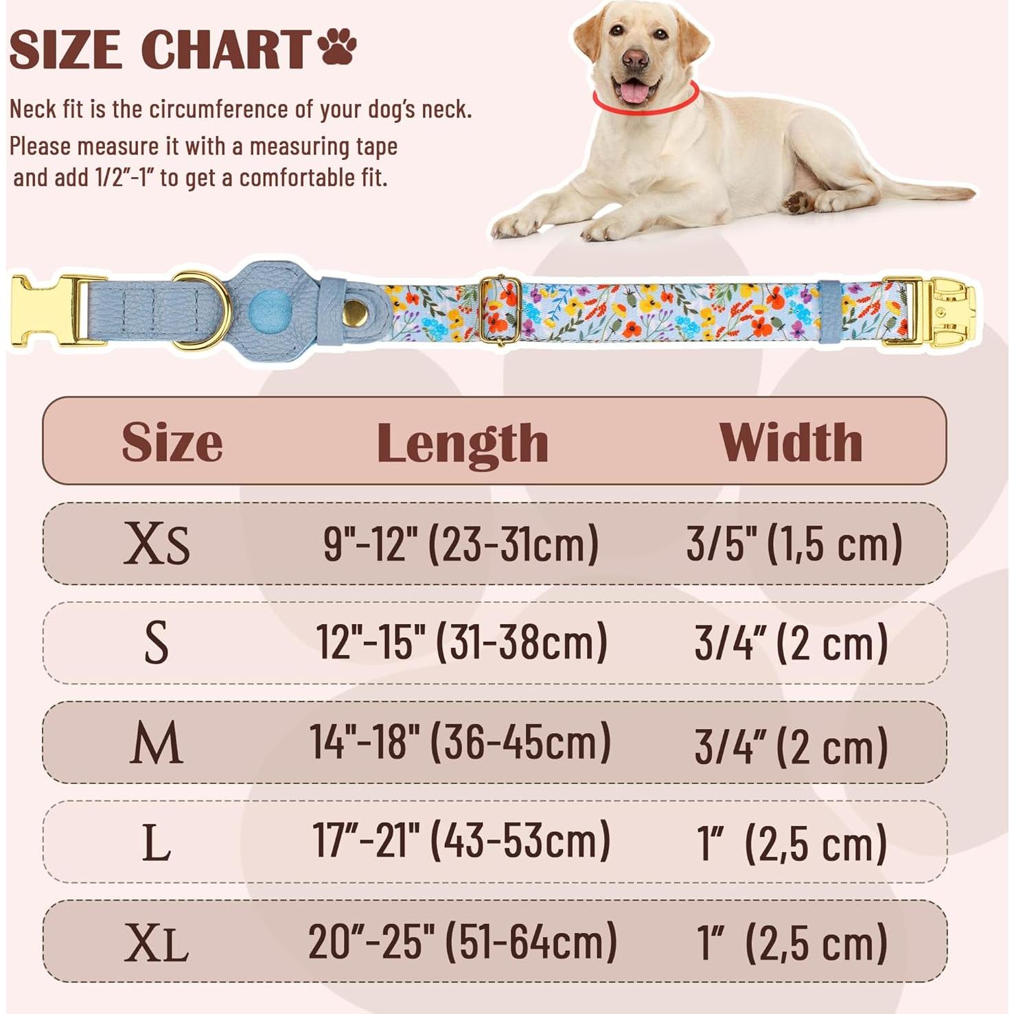 Collar para Perros Budkas AirTag Ajustable Cuero Floral 23-31 cm