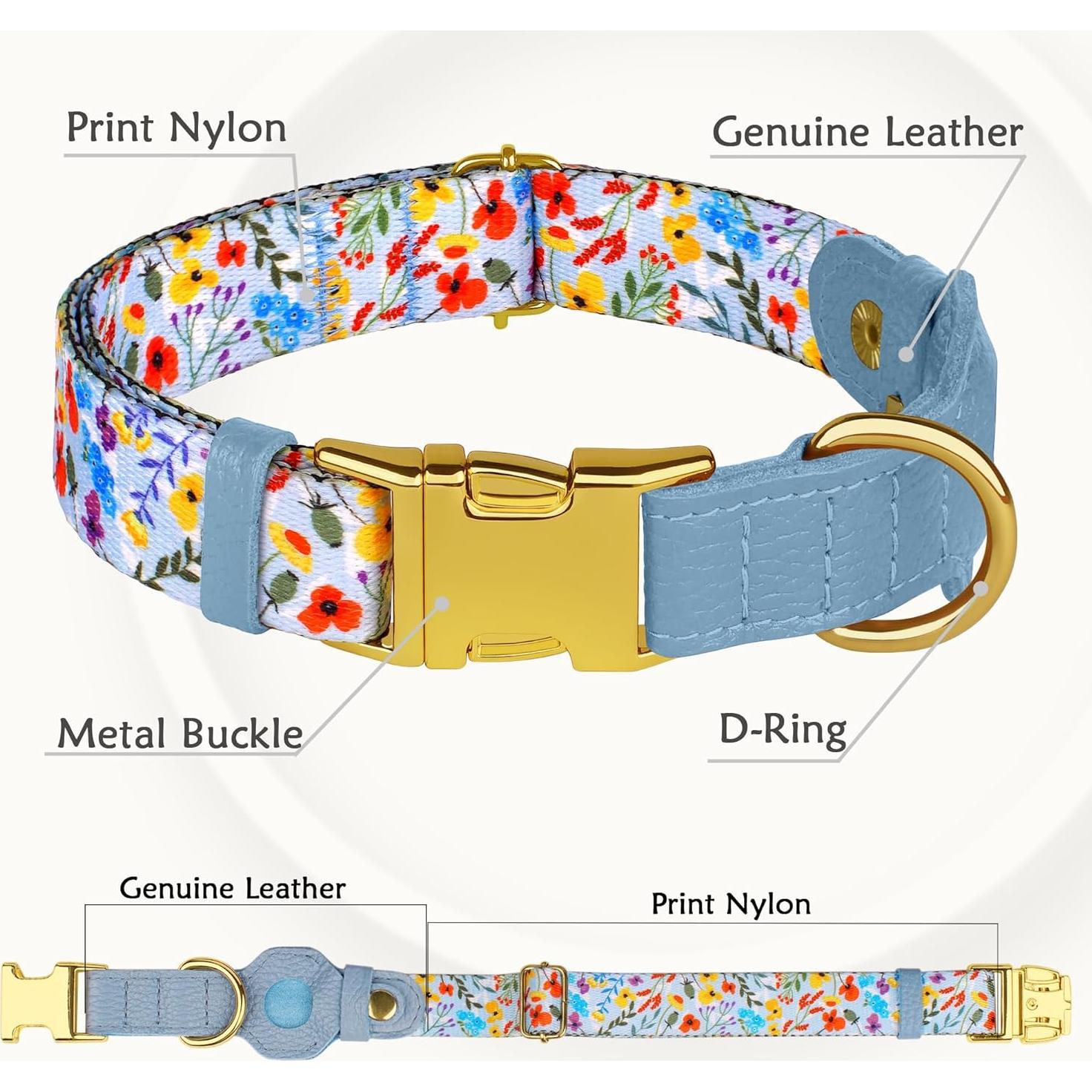 Collar para Perros Budkas AirTag Ajustable Cuero Floral 23-31 cm
