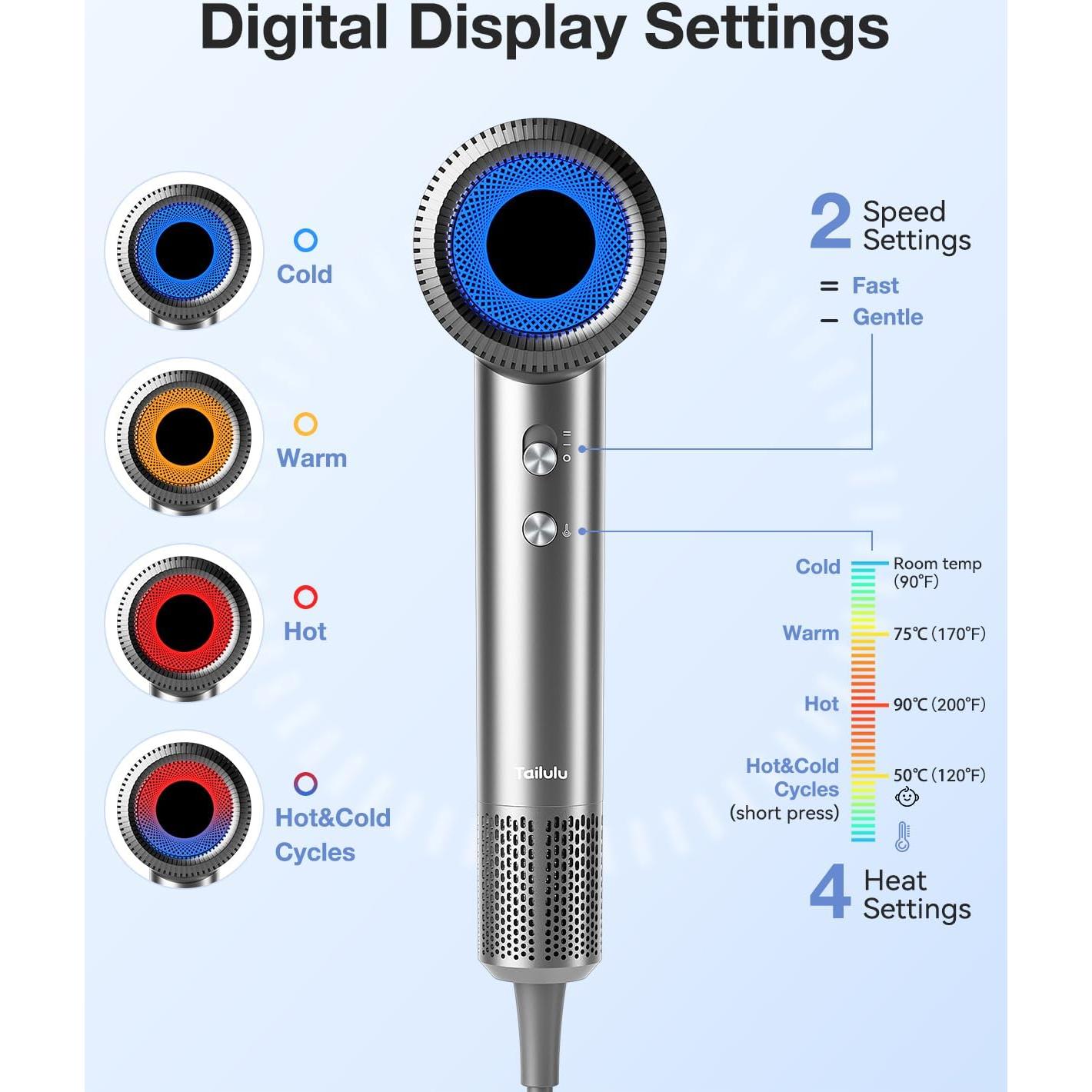 Secador de Pelo Iónico Tailulu 160000 RPM Portátil Gris