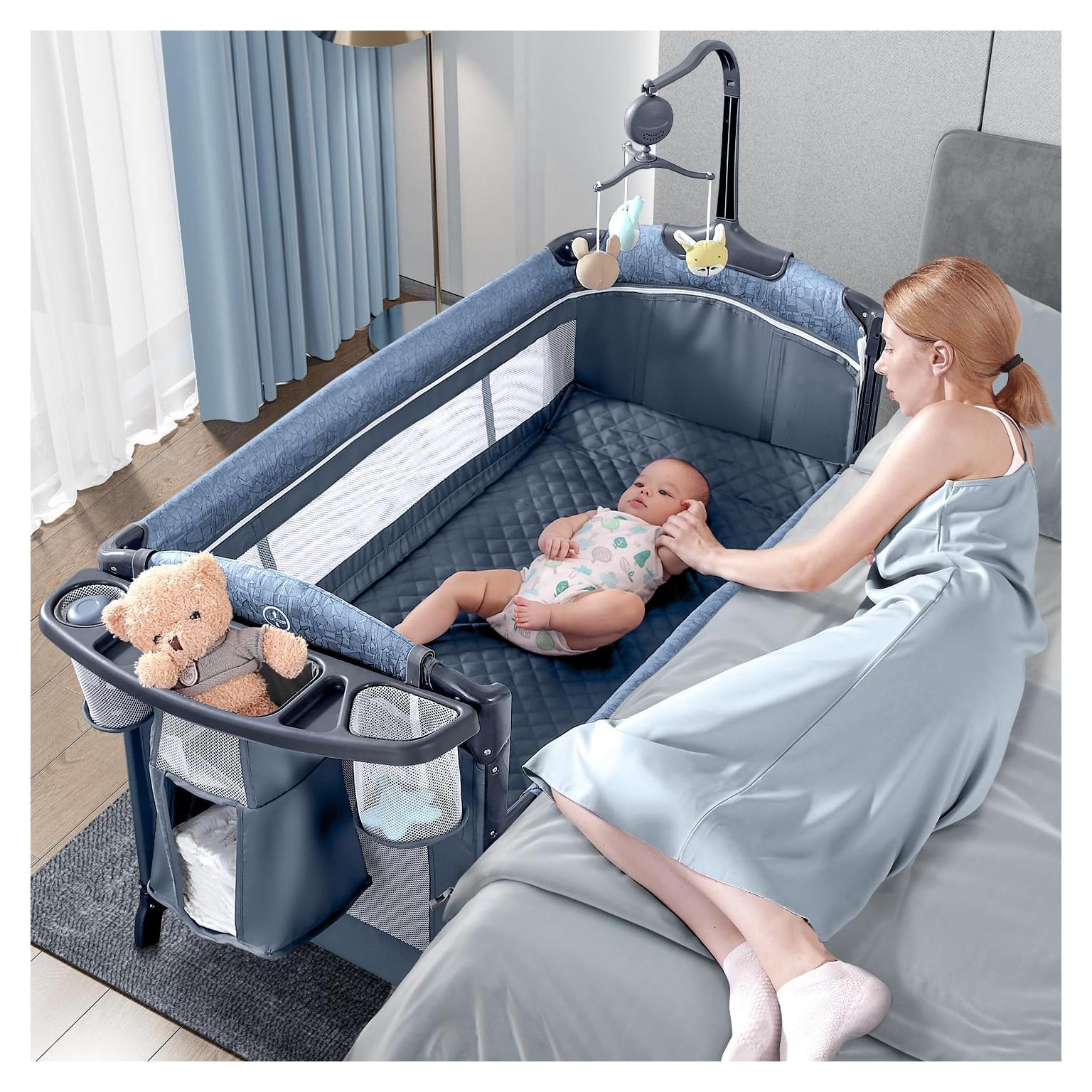 Cuna Lateral BabyBond UP650S Azul con Mesa de Cambio y Móvil