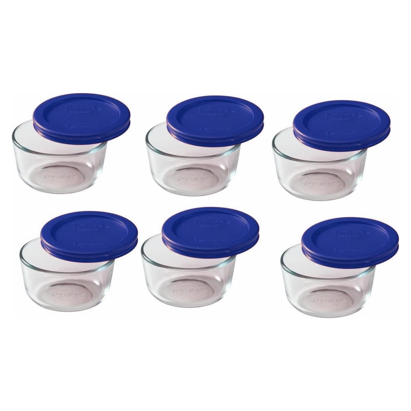 Pyrex Juego de 6 Tazones de Vidrio 1 Taza con Tapas Azul