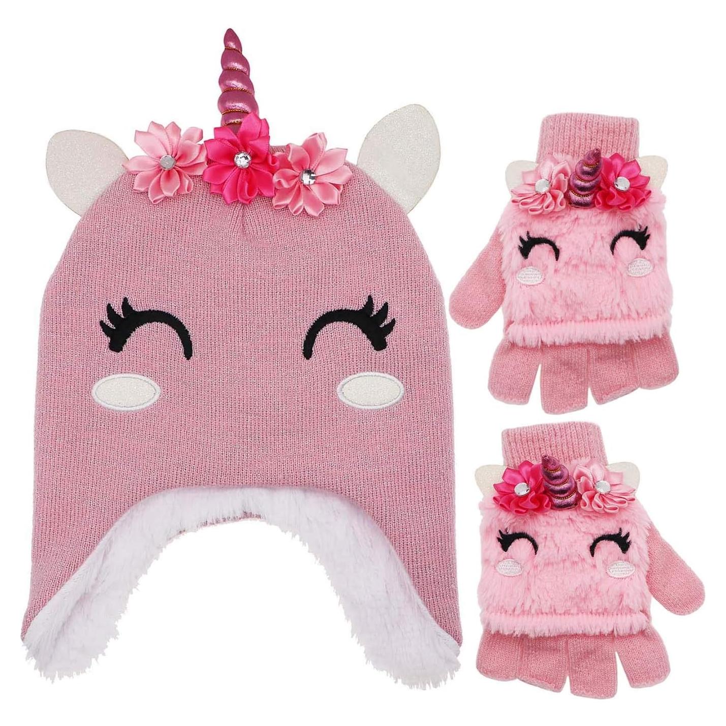 Conjunto de gorro y guantes unicornio para niñas 3-9 años