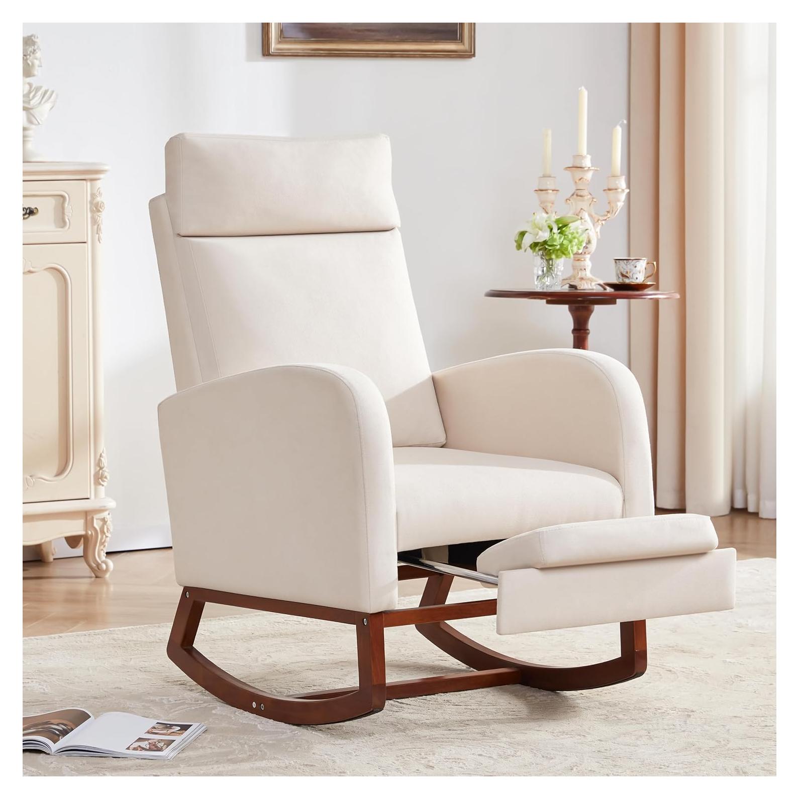 Silla Mecedora AYEASY Beige Lino con Reposapiés Ajustable