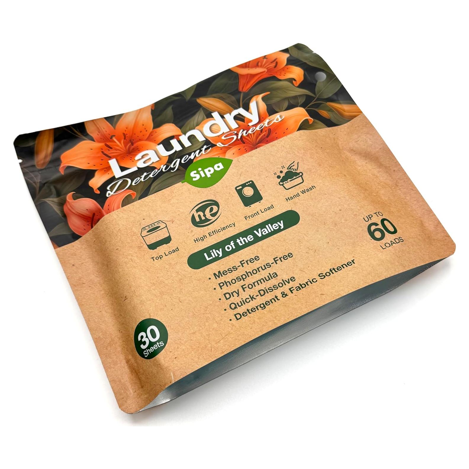 Hojas de Detergente para Ropa SIPA - 30 Hojas, Aroma Lirio