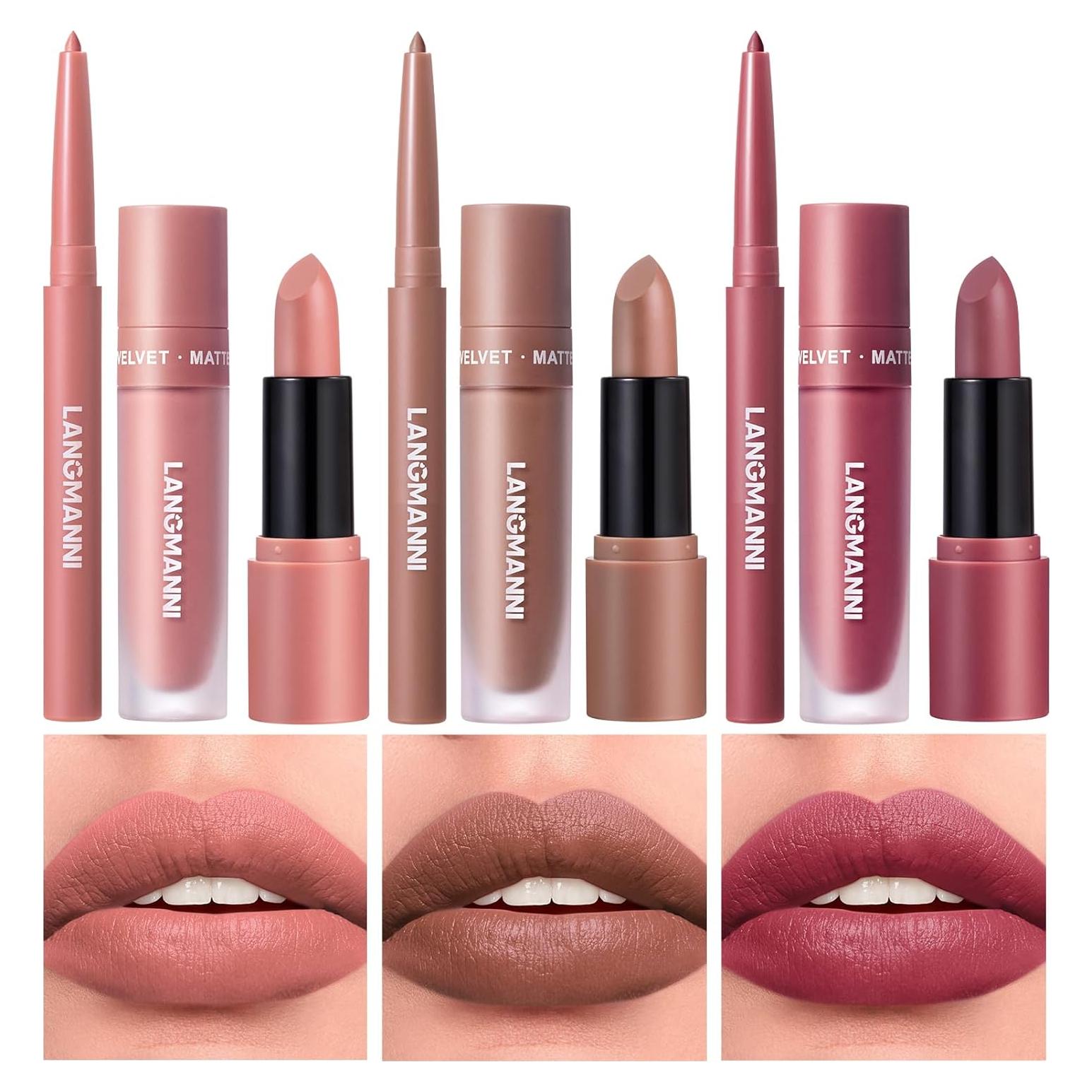 Set de Labios Mate LANGMANNI 3 en 1 - Lápiz, Labial y Brillo