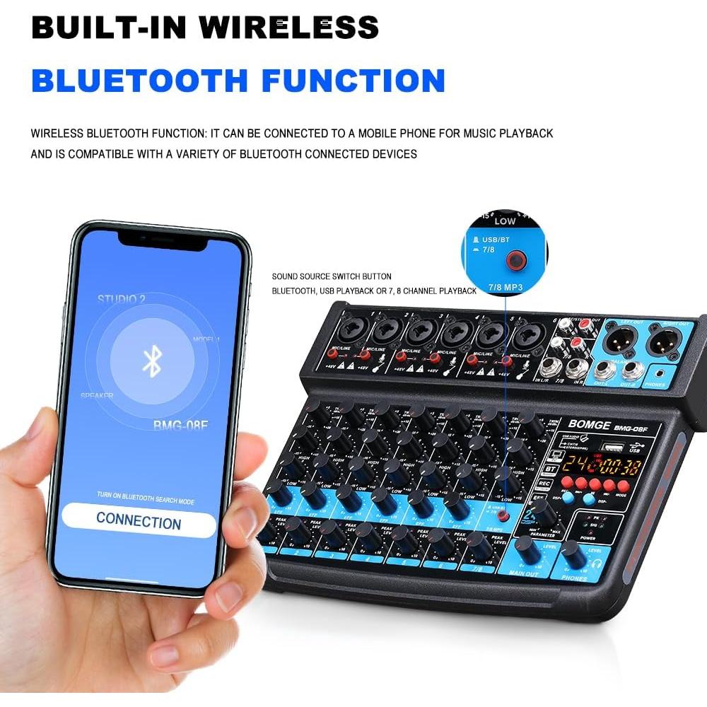 Mezclador de audio BOMGE 8 canales USB Bluetooth 48V DSP