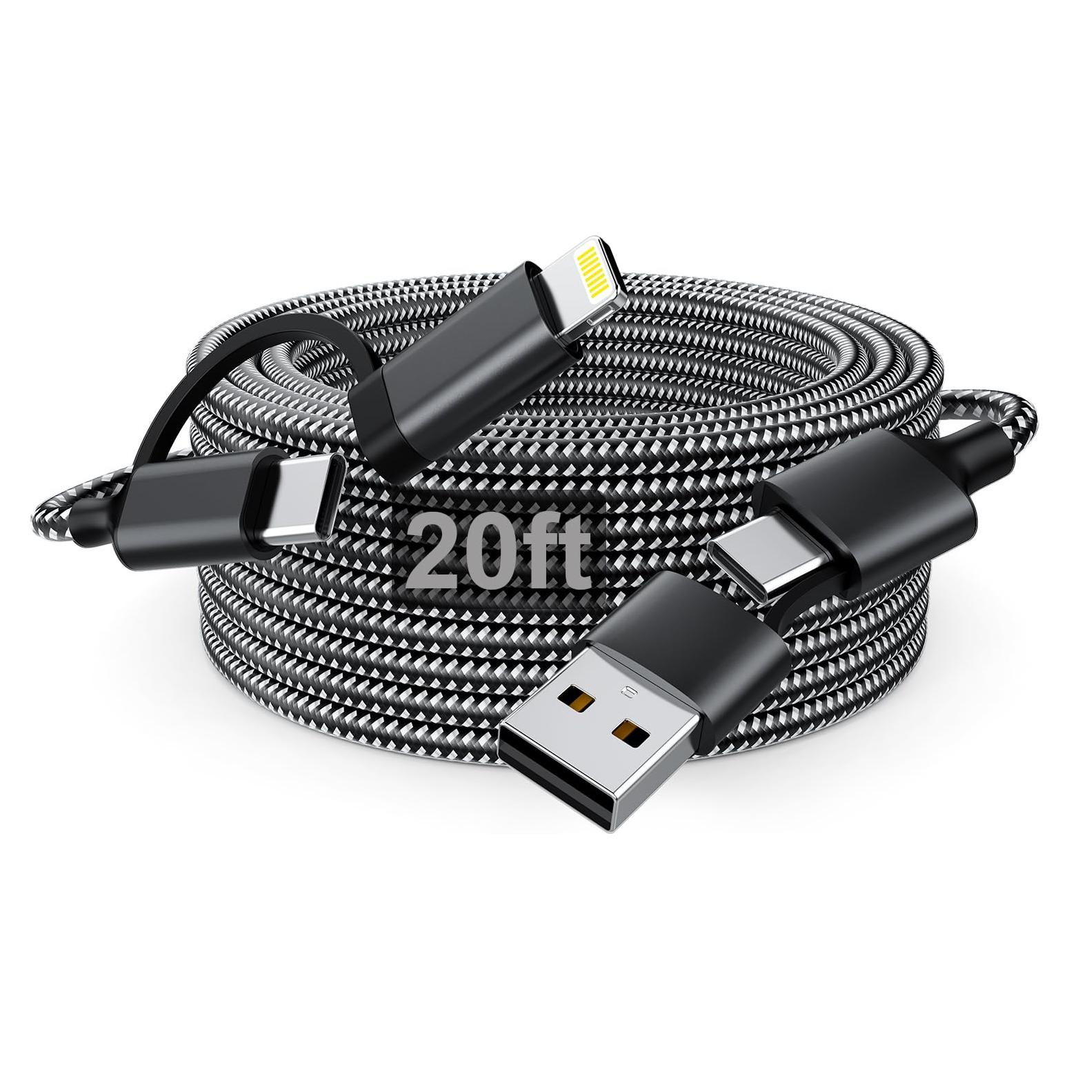 Cable de Carga Extra Largo 6m USB-C y Lightning 60W Negro