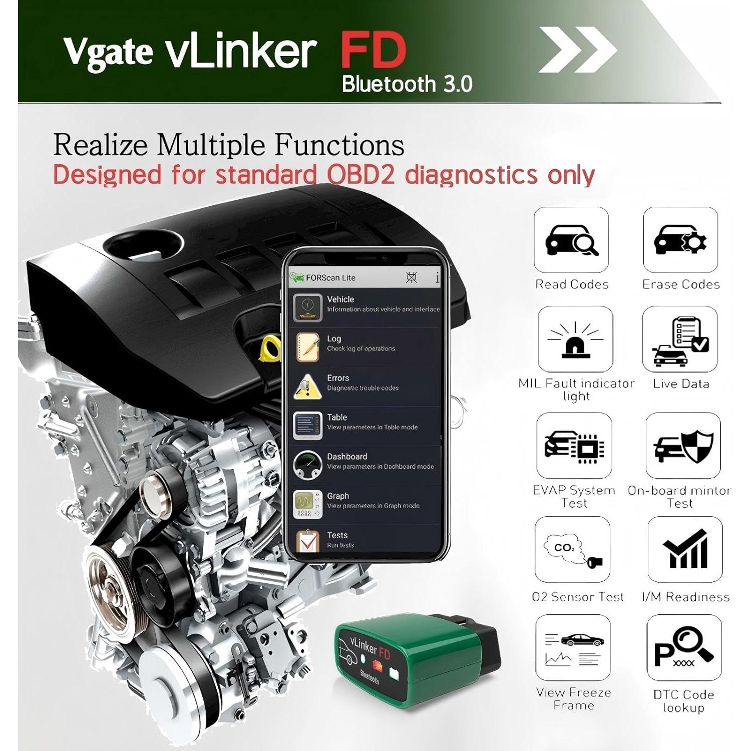 Vgate vLinker FD Lector OBD2 Bluetooth 3.0 para Android y Windows