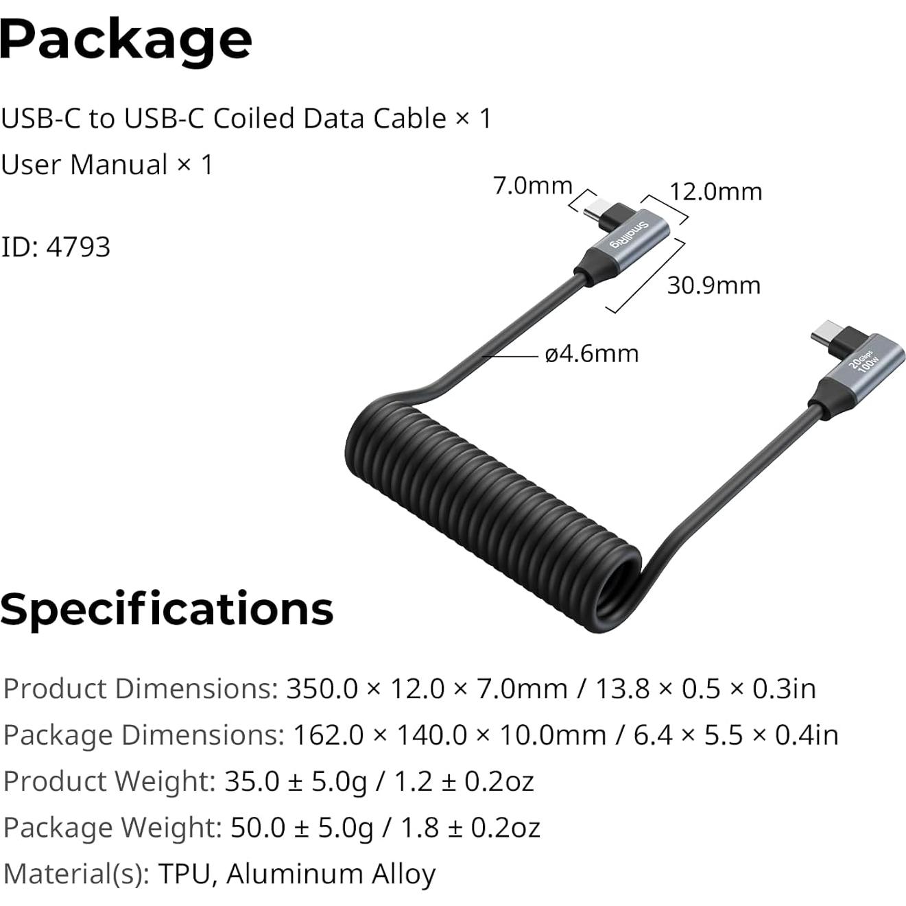 Cable USB C Enrollado 0.6m SmallRig 20Gbps Carga Rápida