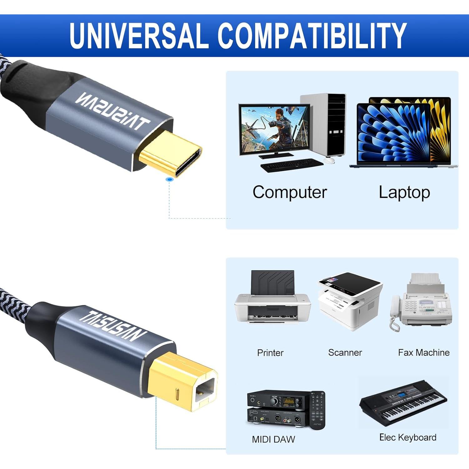 Cable de impresora USB C a B TAiSUSAN 1.83 m Gris
