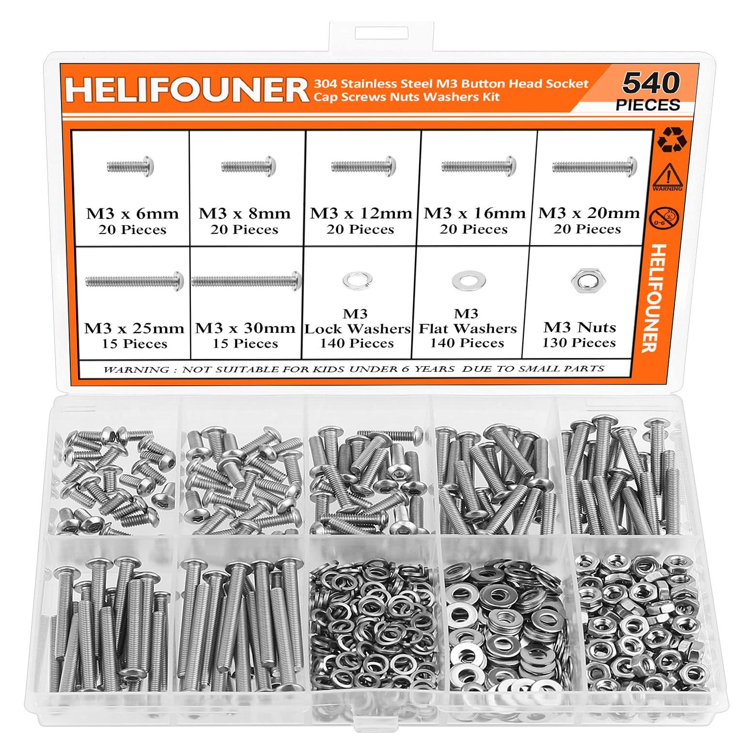 Kit 540 Piezas Tornillos M3 Acero Inoxidable 304 Cabeza Botón