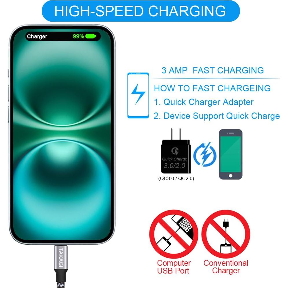 Cable USB A a USB C TAKAGI 3Pack 1.83m Carga Rápida