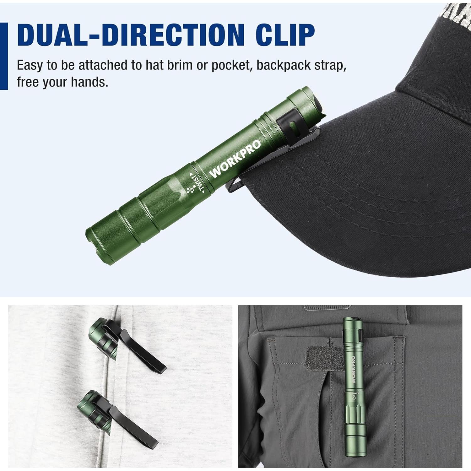 Linterna Mini WORKPRO Verde, 300 Lúmenes, Recargable, 2 Pzs