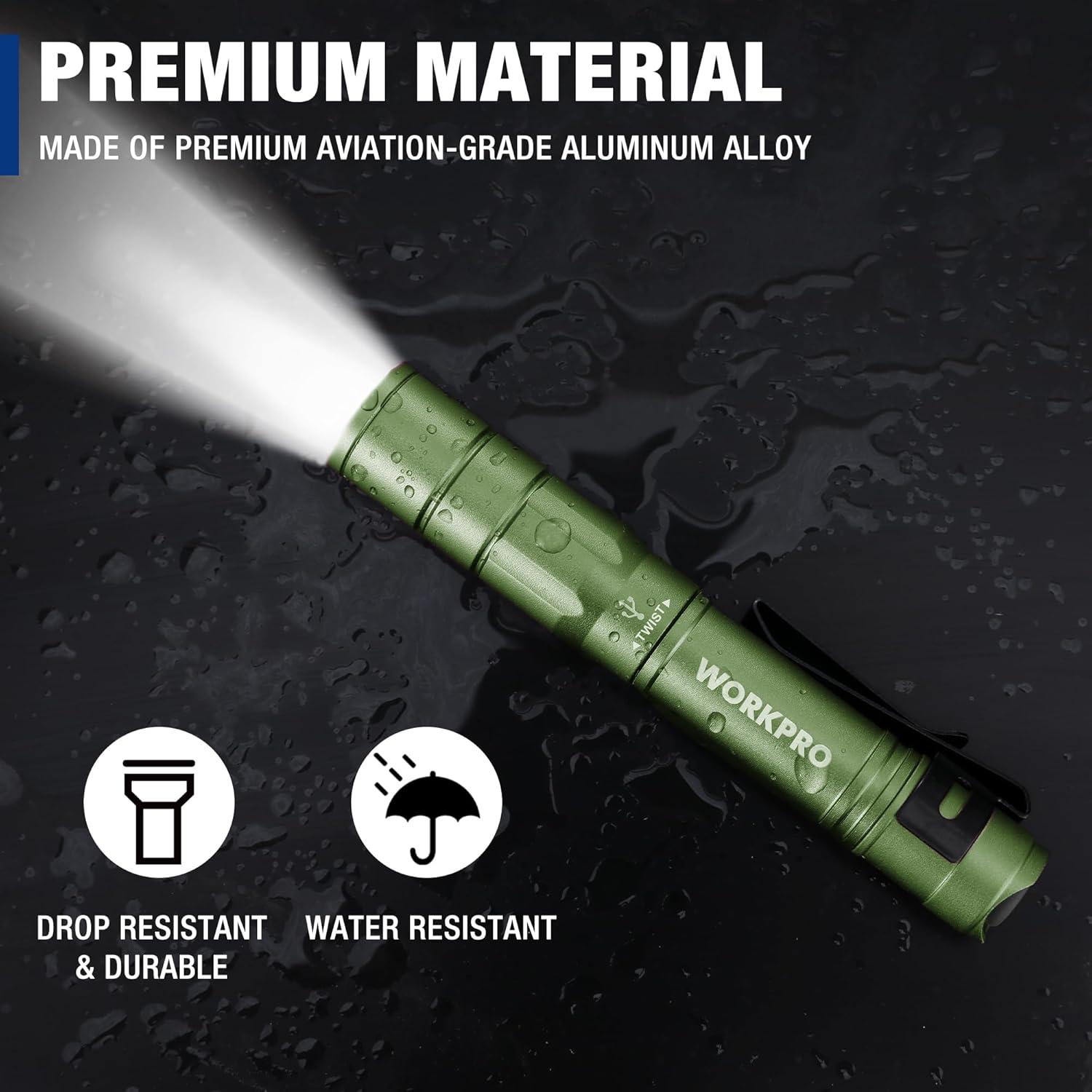 Linterna Mini WORKPRO Verde, 300 Lúmenes, Recargable, 2 Pzs