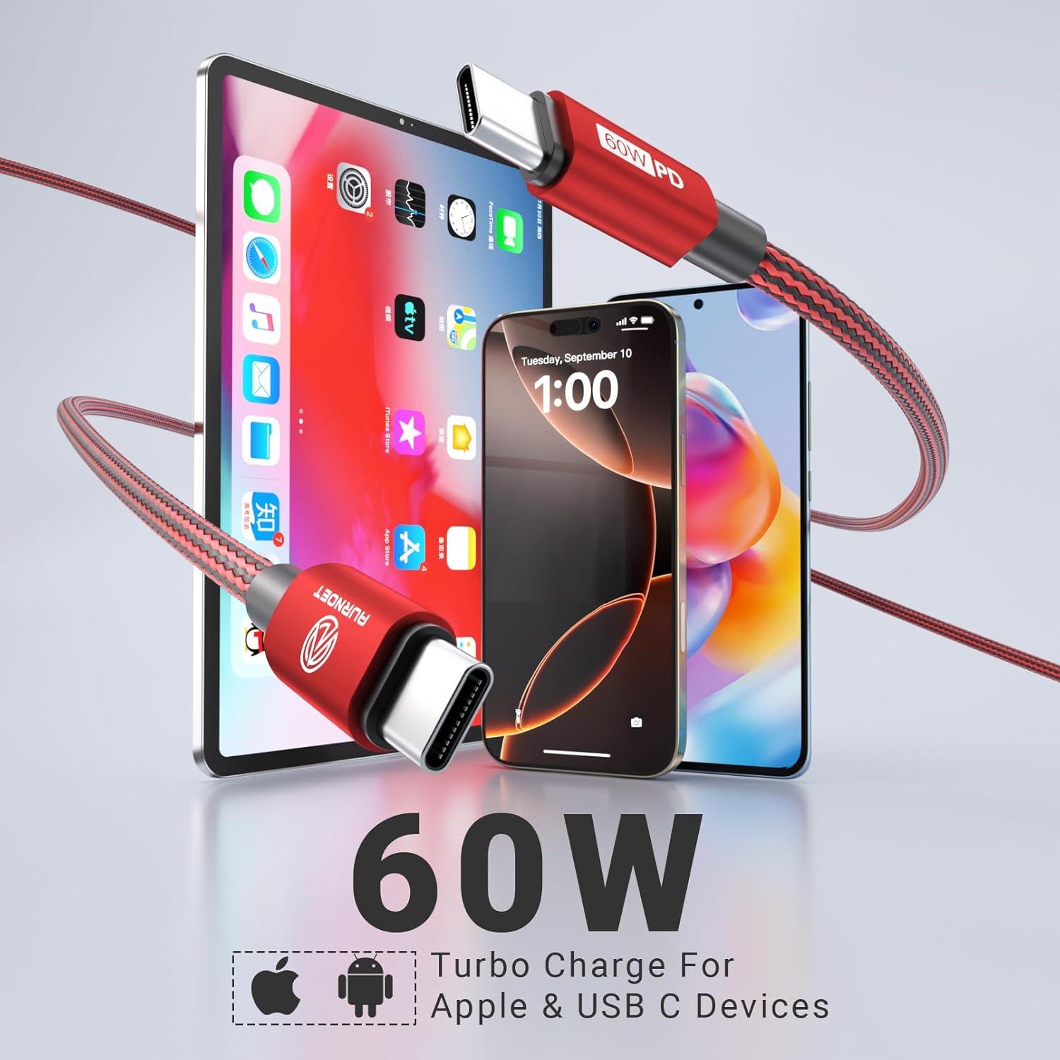 Cable USB C 4 Piezas 3 Metros Aurnoet Carga Rápida 60W