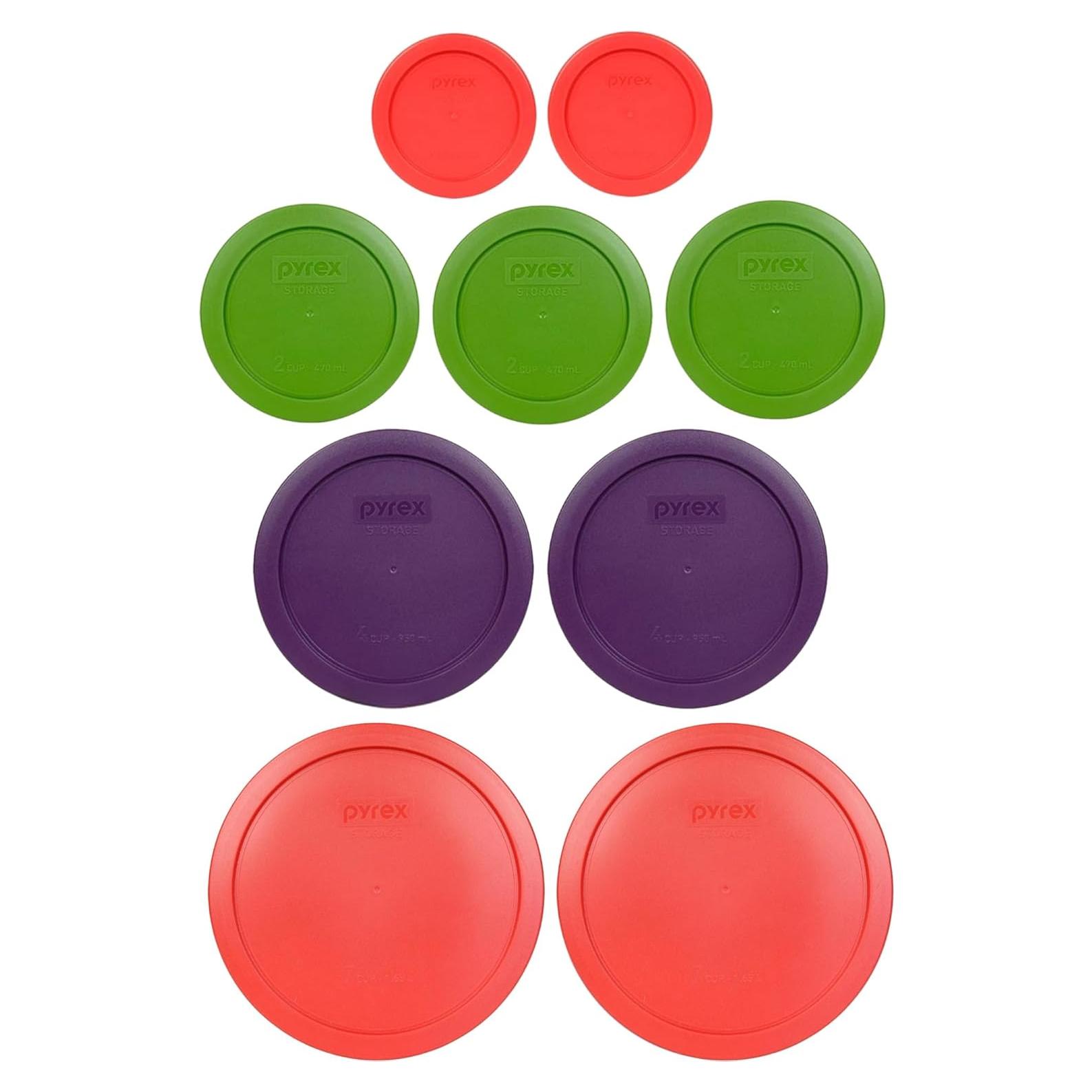 Tapas Pyrex 7202-PC 1T Roja, 7200-PC 2T Verde, 7201-PC 4T Púrpura, 7402-PC 6/7T Rojas - Hecho en EE. UU.