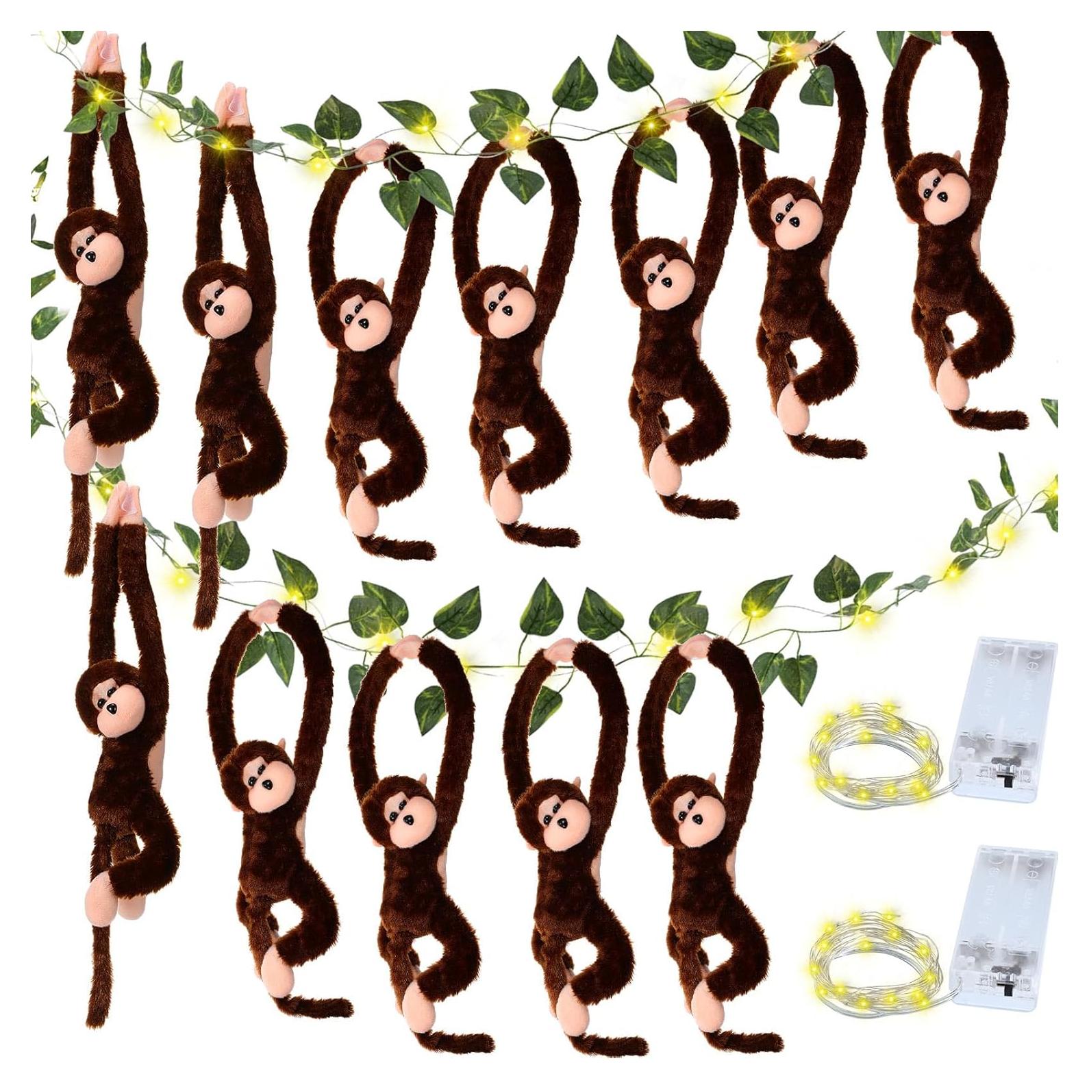 12 Monos Colgantes de Peluche Marrón con Luces LED y Hiedra