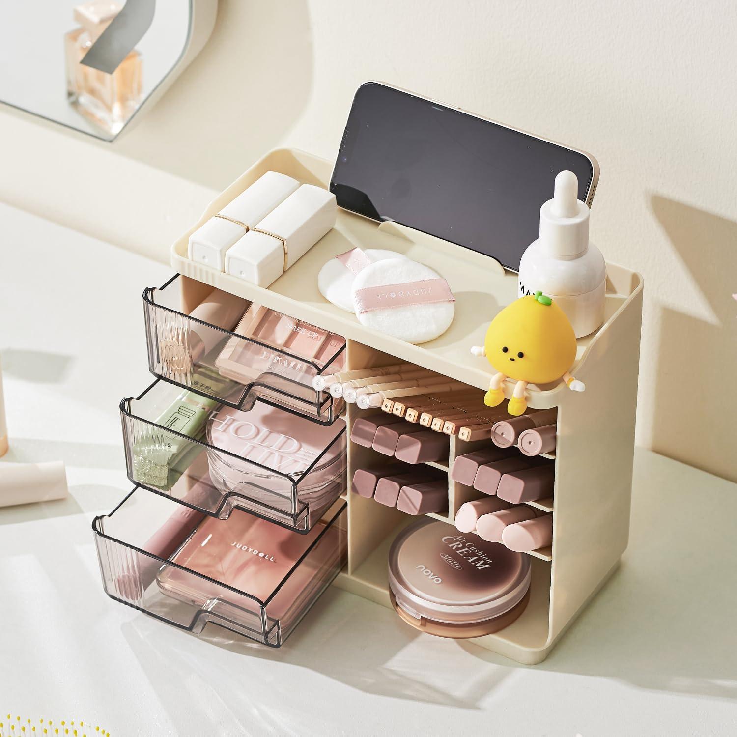 Organizador de Maquillaje UFORU Blanco Crema 3 Cajones 4 Compartimentos