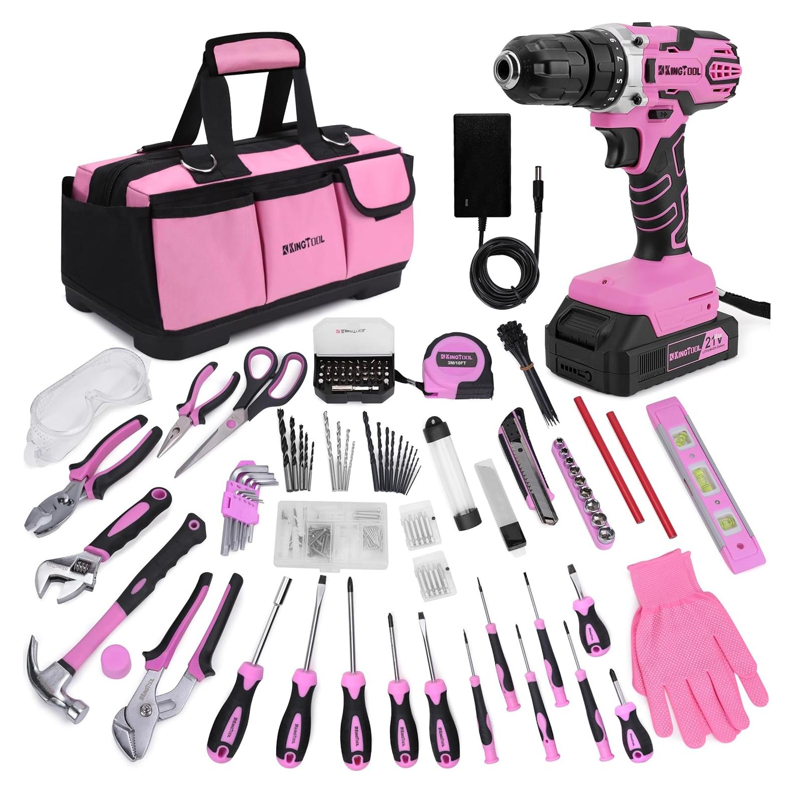 Juego de Herramientas KingTool 267 Piezas Rosa con Taladro 21V