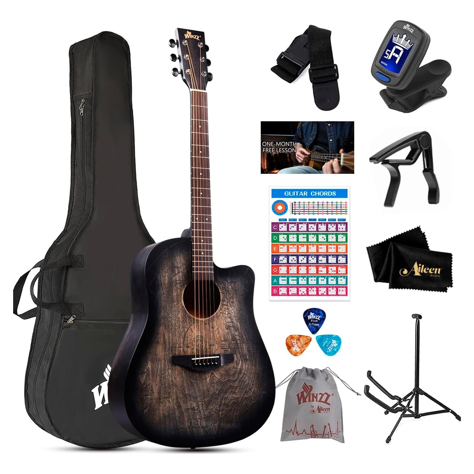 Guitarra Acústica Winzz 41" Diestro Negro Tallado con Kit Completo