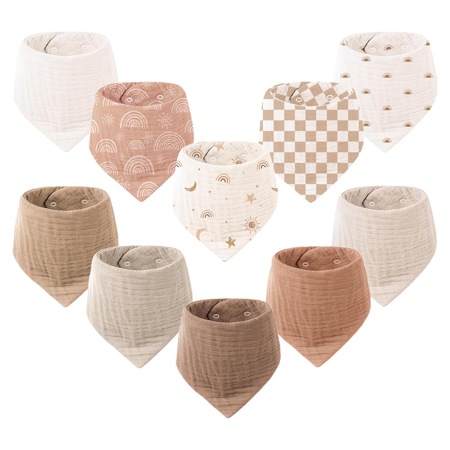 Baberos de Muselina Konssy 10 Pack 100% Algodón Ajustables