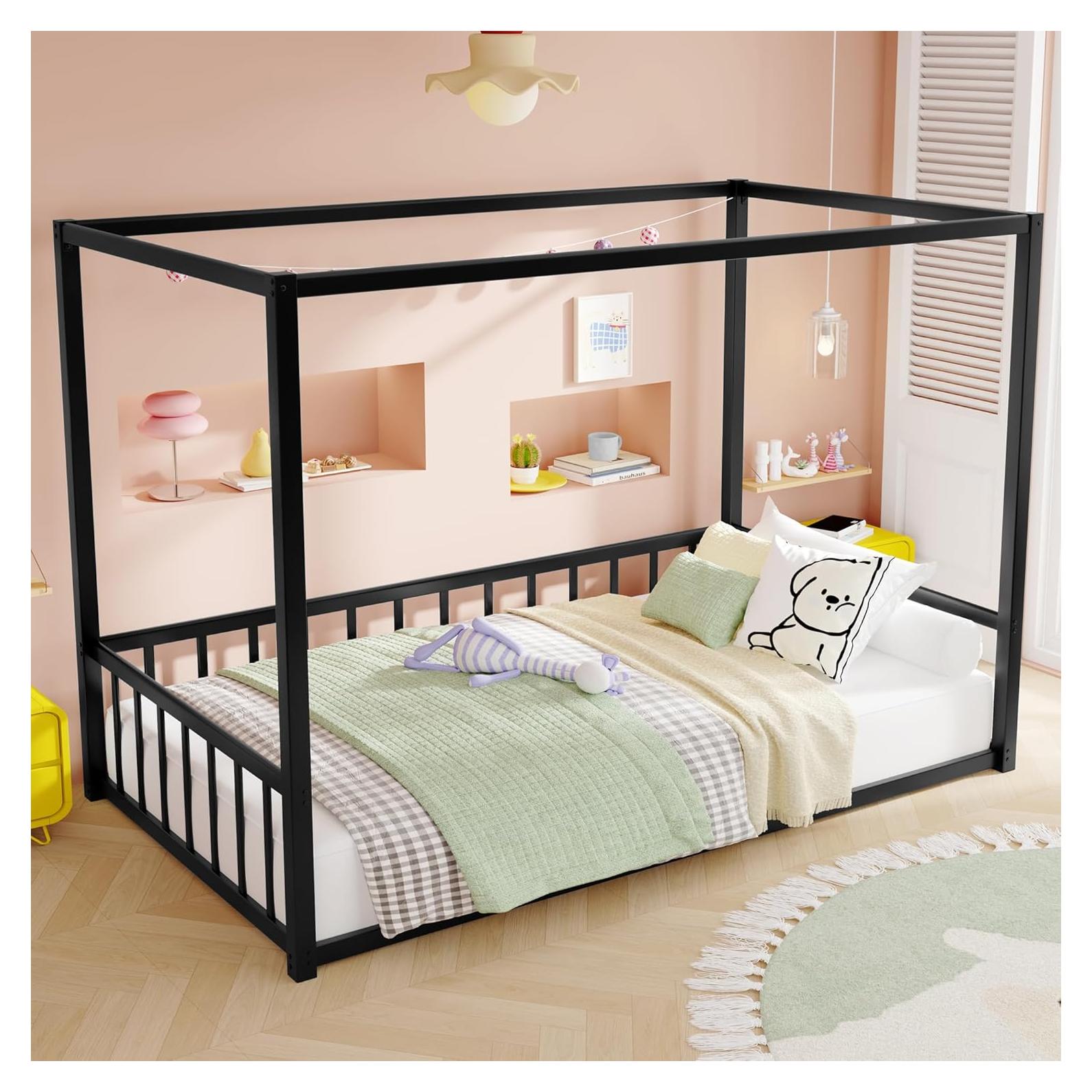 Cama de Piso Twin KEIKI con Dosel y Barandillas de Seguridad