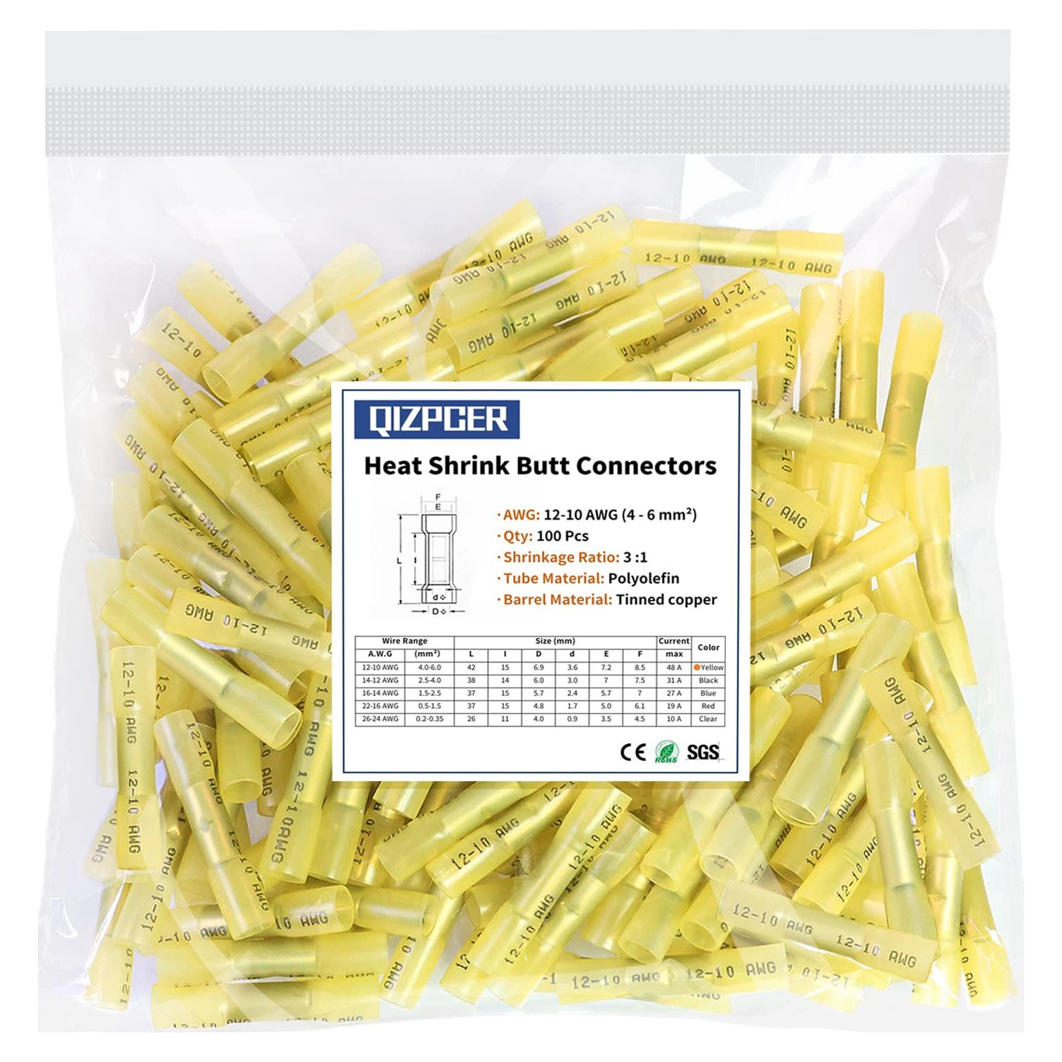 100 Conectores Termorretráctiles Amarillos Qizpcer 12-10 AWG