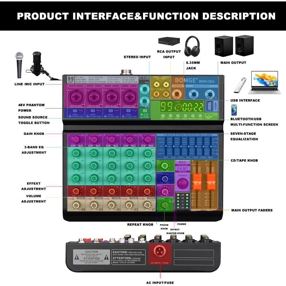 Mezclador de Audio BOMGE BMG-06A 6 Canales Bluetooth USB