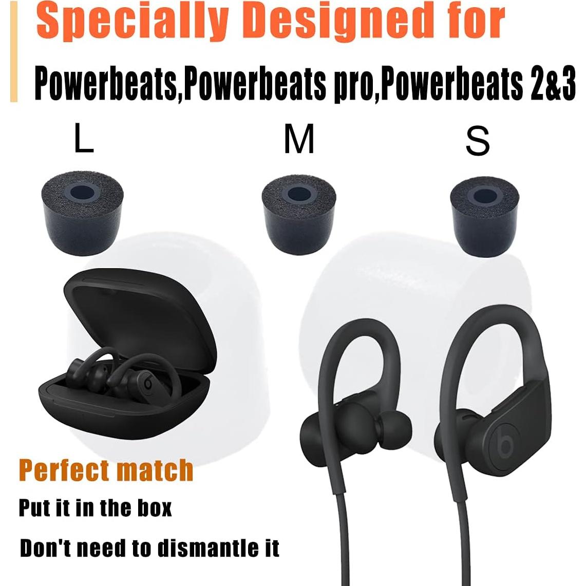 Replacement Earbuds Tips for Powerbeats Pro - Memory Foam Eartips, Noise Isolation, Anti-Slip Fit - Fits Powerbeats Pro, 2 & 3 - Black, 3 Pairs LMS