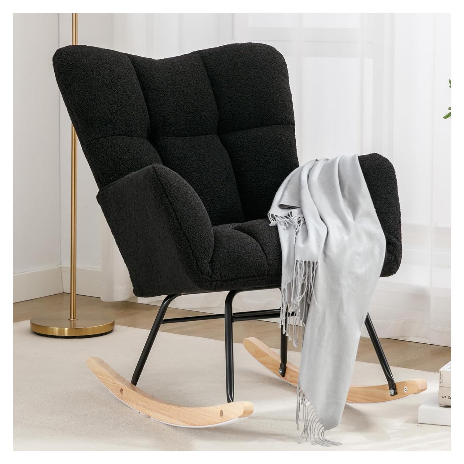 Silla Mecedora NIOIIKIT Tapizada en Peluche Negro para Nursery